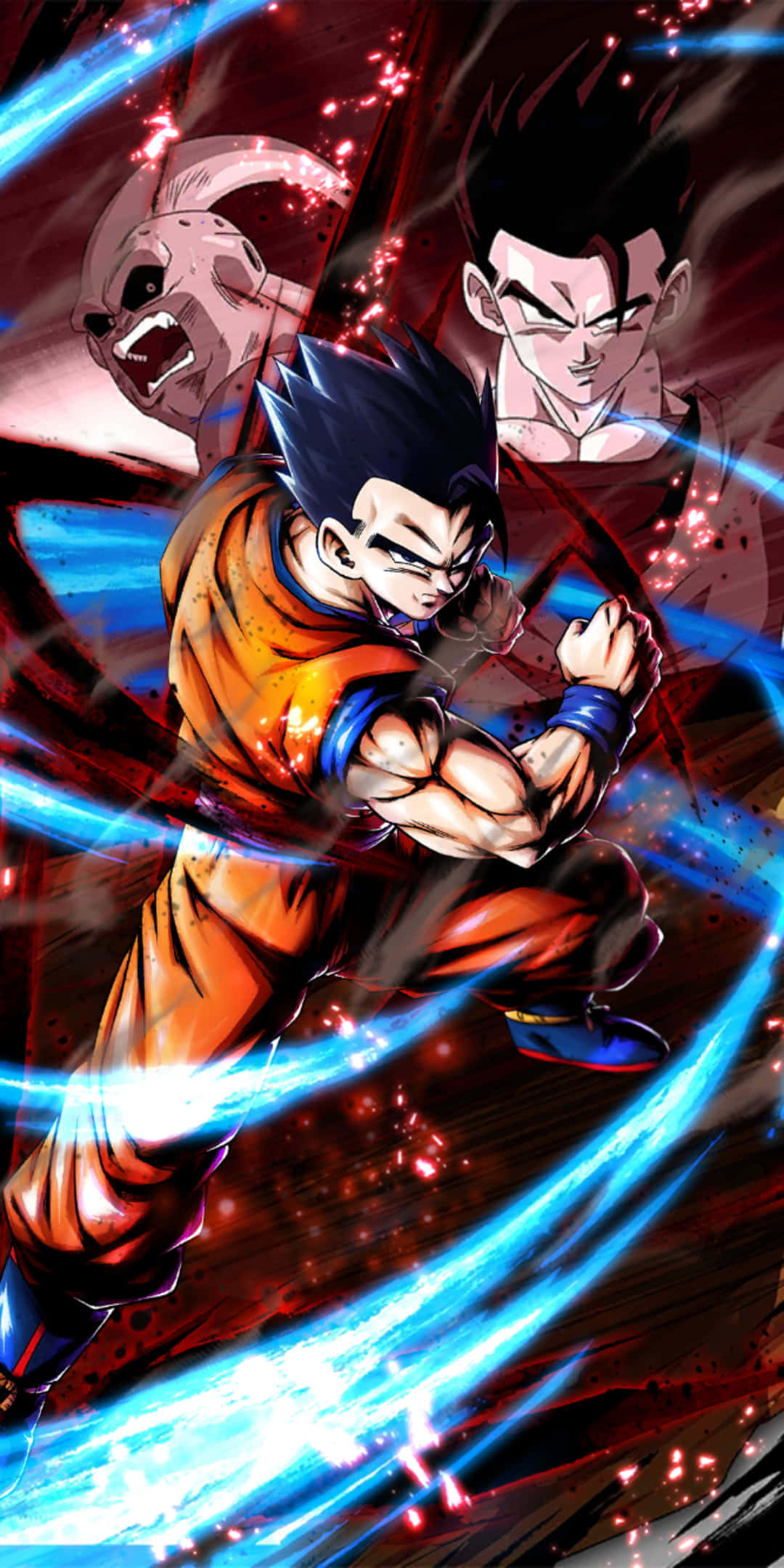 Dragon Ball Legends 桌布 壁紙 — 一位充滿活力的動漫戰士身穿橙色道服，釋放出藍色能量爆炸，而兩個威脅性的敵人潛伏在他身後，處於熾熱的戰鬥場景中。