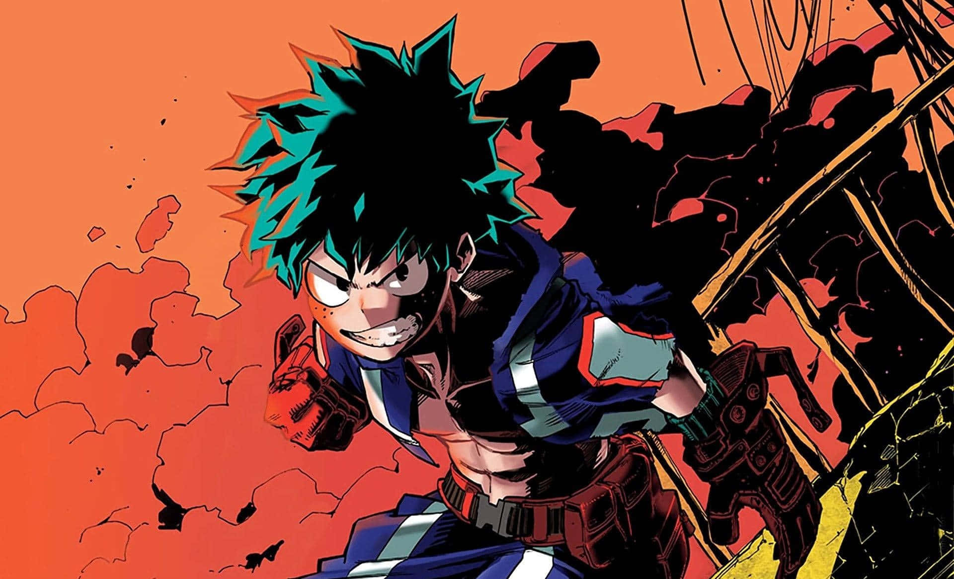 My Hero Academia Aesthetic 桌布 壁紙 — 一位充滿活力的動漫英雄，擁有尖刺的青綠色和黑色頭髮，在熾熱的橙色背景和破碎的碎片中向前衝刺。