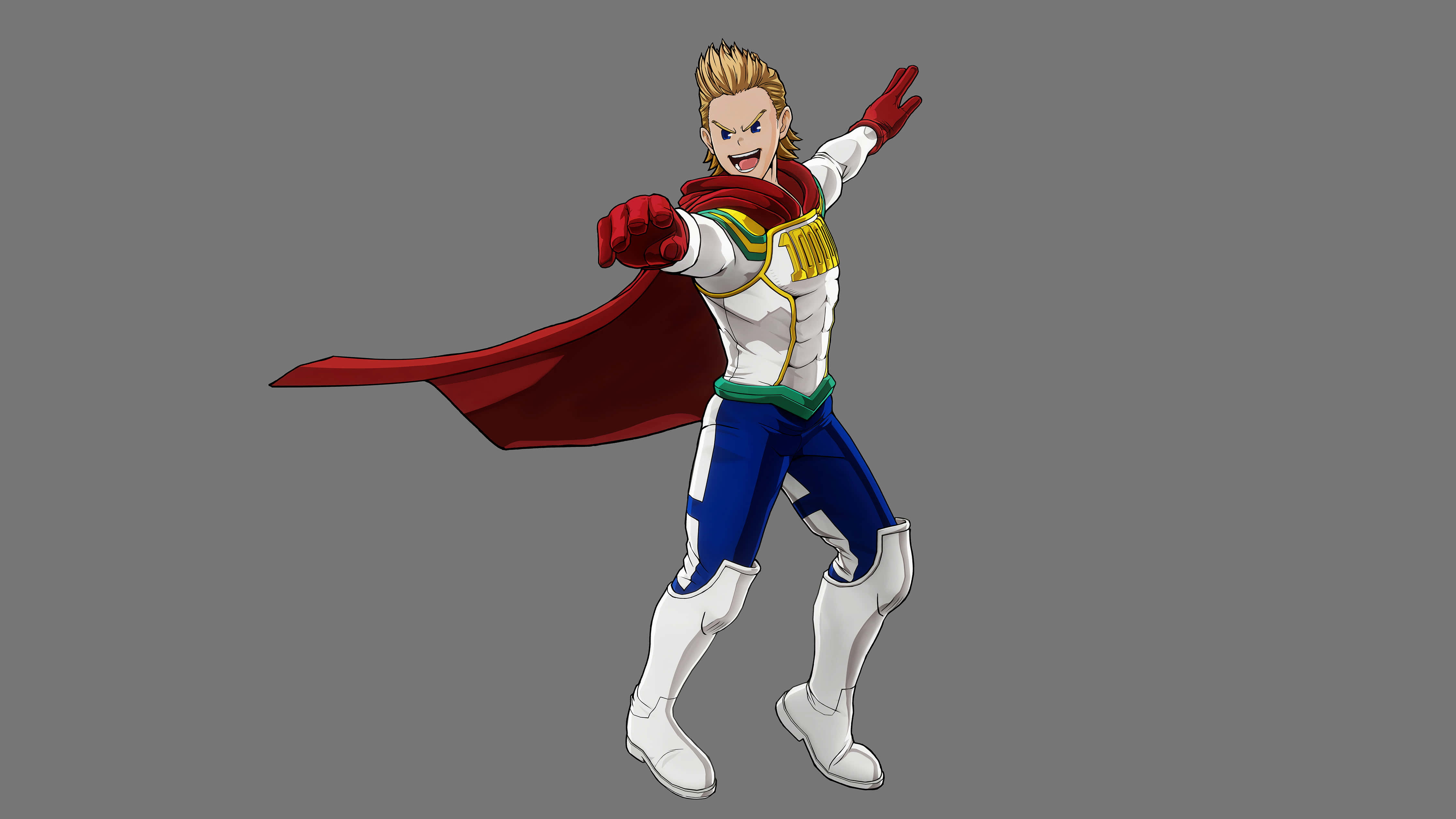 Mirio Togata 桌布 壁紙 — 一位充滿活力的動漫超級英雄，金髮紅披風，在純灰色背景前擺出英雄姿勢。