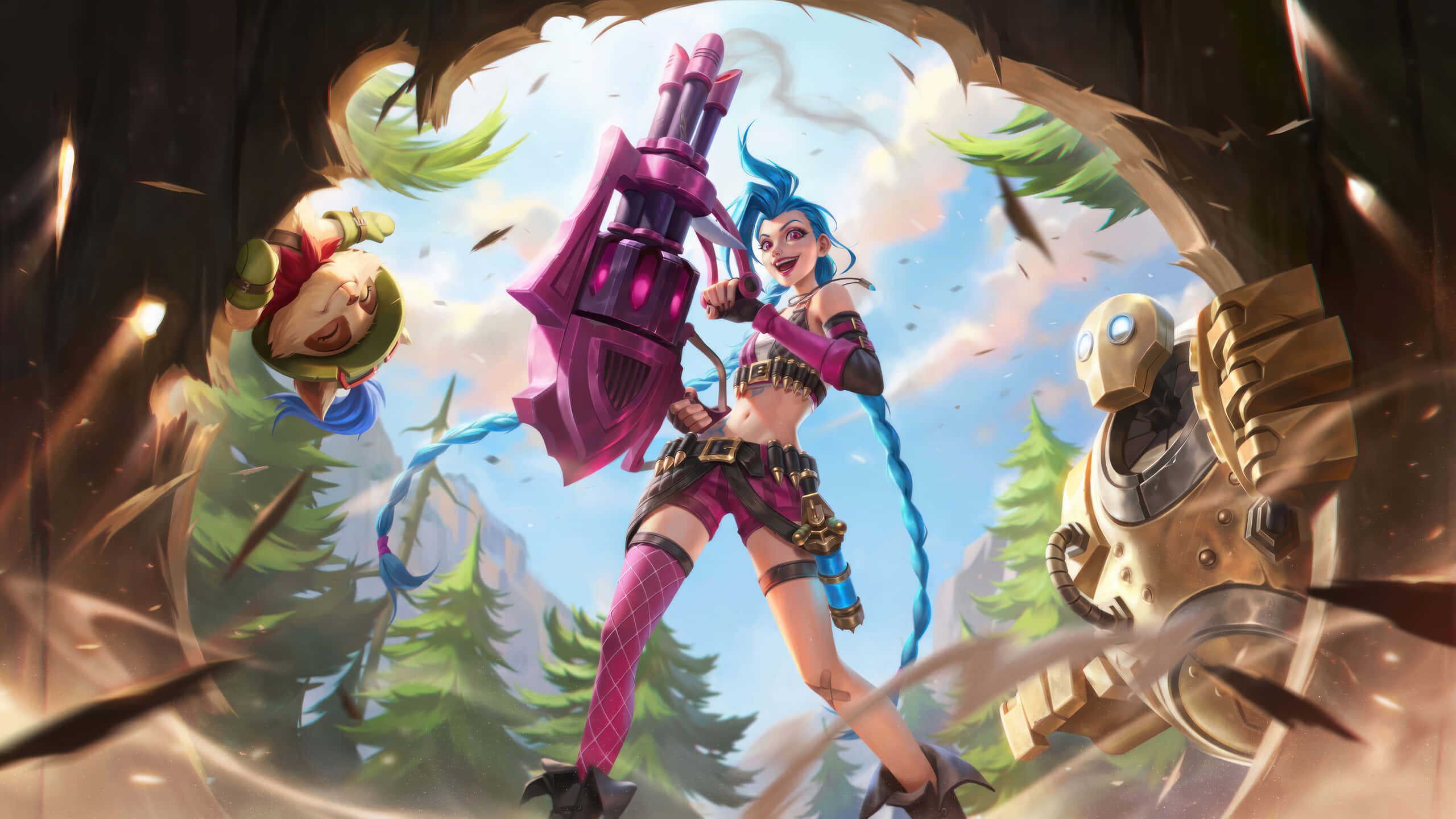 League Of Legends Champions 桌布 壁紙 — 一位充滿活力的動漫風格戰士，藍色頭髮，手持巨型紫色槍枝，衝破一棵樹，旁邊有一隻綠色生物和一個機器人在森林中。