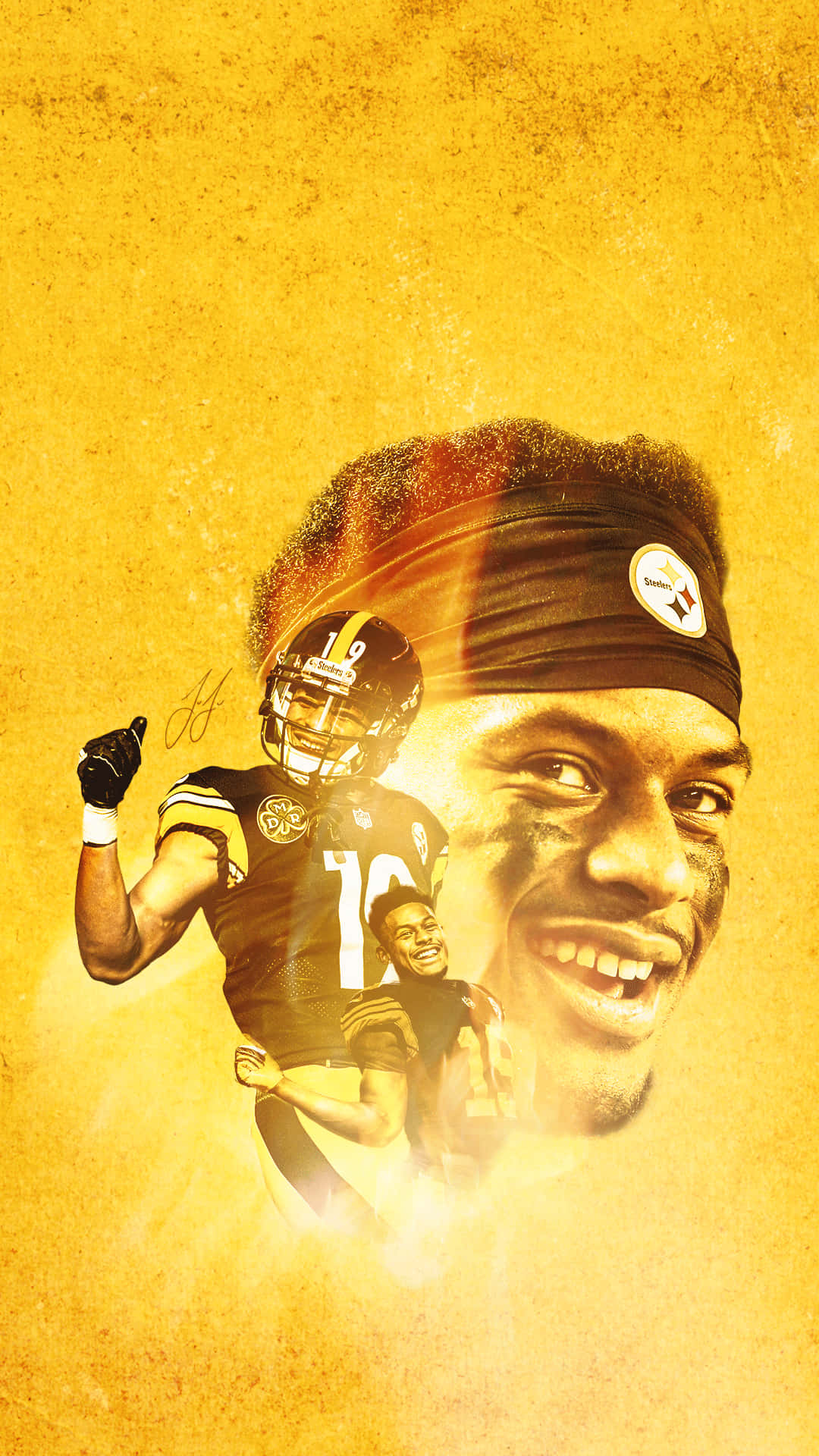 Juju Smith Schuster 桌布 壁紙 — 一位充滿活力的匹茲堡鋼人隊美式足球員在行動中，帶有發光的金色背景和一個大型快樂臉部疊加層。