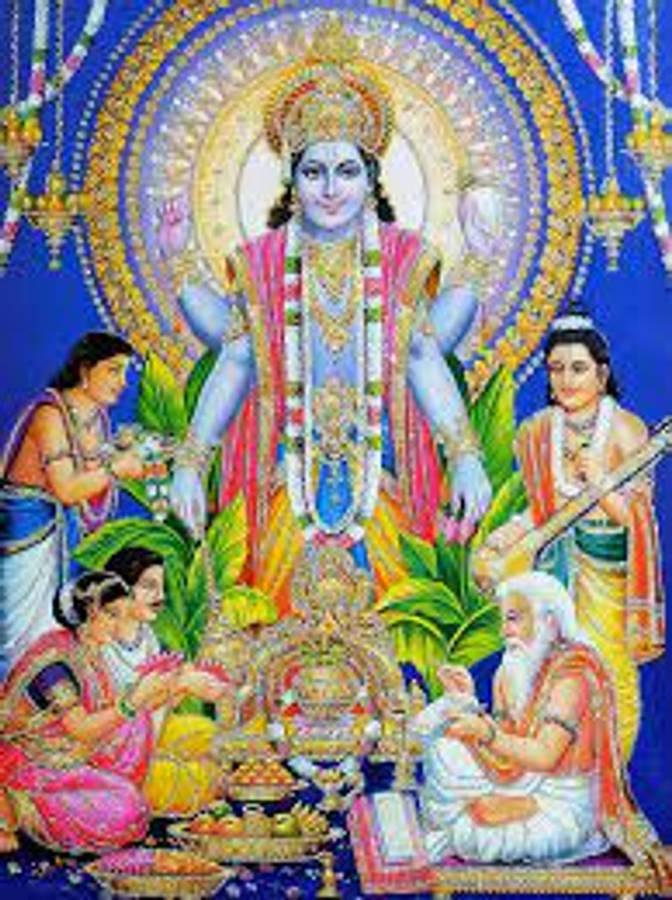 Vishnu 桌布 壁紙 — 一位充滿活力的印度教神祇，擁有眾多手臂和光環，被身穿色彩繽紛傳統服飾的信徒圍繞。