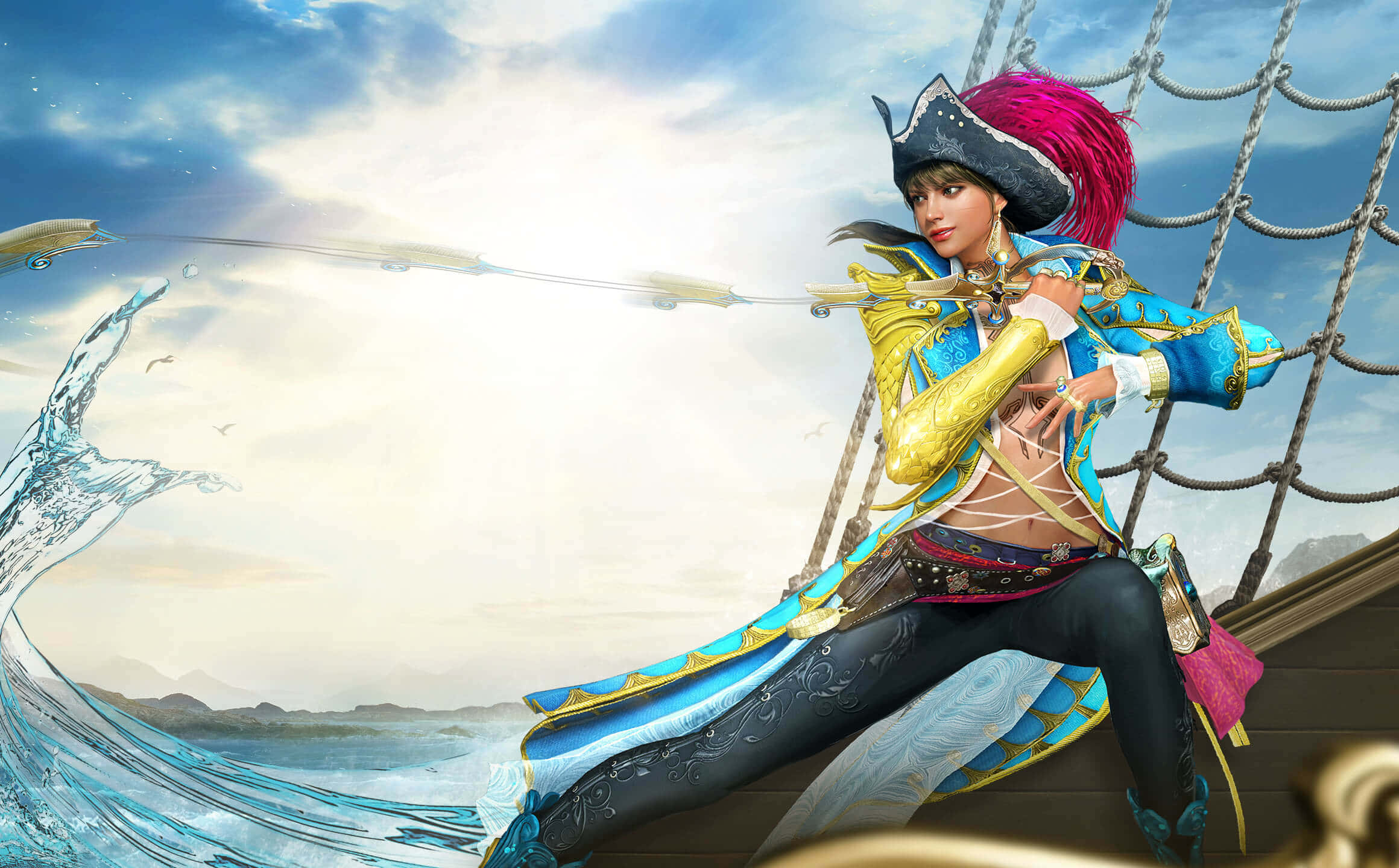 Online Gaming 桌布 壁紙 — 一位充滿活力的粉紅髮動漫海盜女子在船甲板上瞄準弓箭，海浪在她周圍翻騰。
