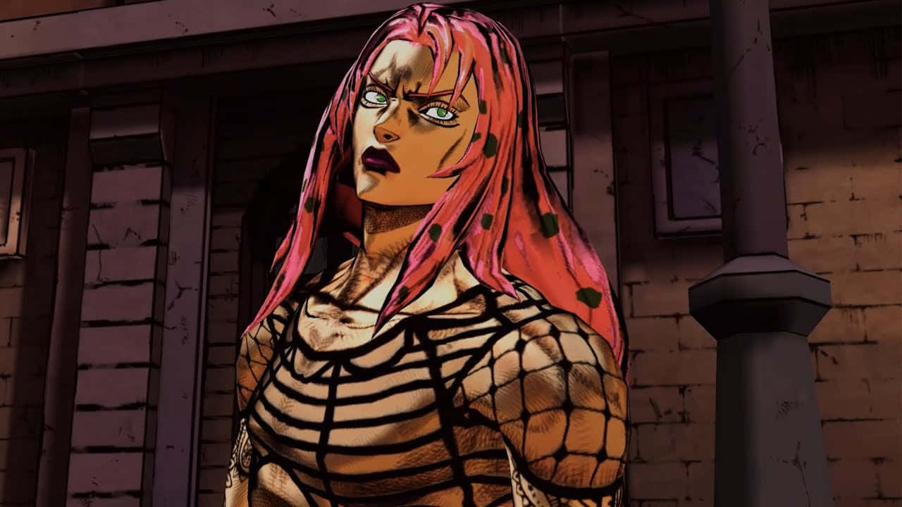 Jojo's Bizarre Adventure Diavolo 桌布 壁紙 — 一位兇猛嘅動漫女性，粉紅色頭髮同綠色眼睛，企喺污糟嘅城市後巷，着住黑色網紋上衣。