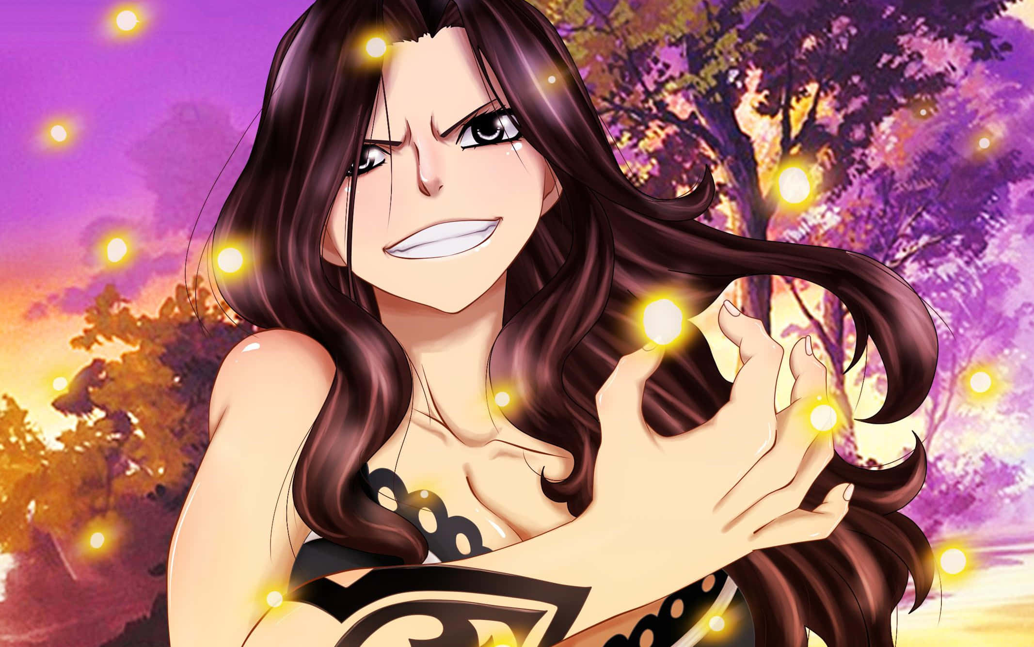 Cana Alberona 桌布 壁紙 — 一位兇猛嘅動漫女性，長長嘅黑髮，喺紫色同橙色嘅黃昏天空下揮舞著發光嘅球體。