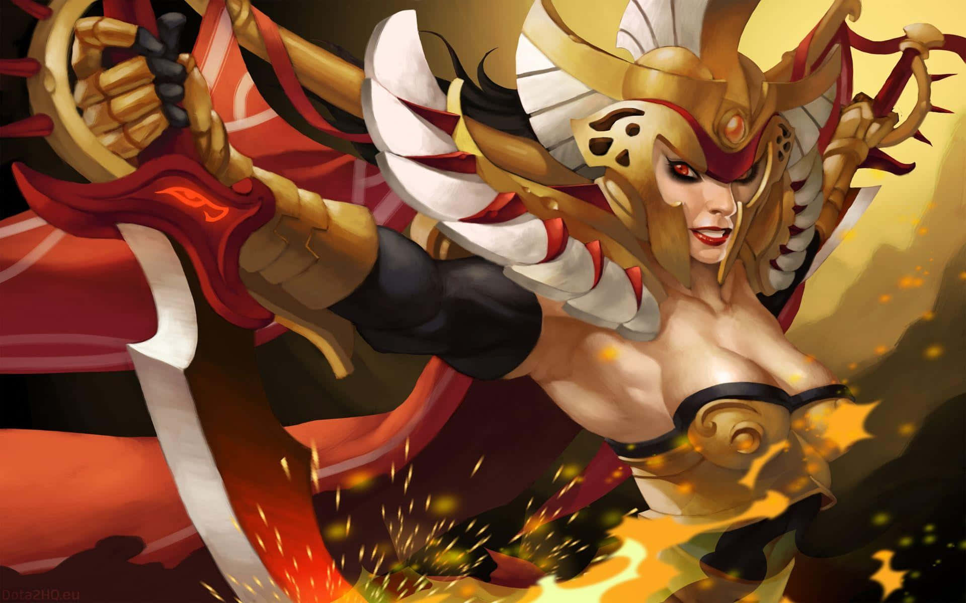 Legion Commander 桌布 壁紙 — 一位兇猛嘅動漫女戰士，身穿華麗金色盔甲同紅色斗篷，喺火花四濺中揮舞發光嘅劍。