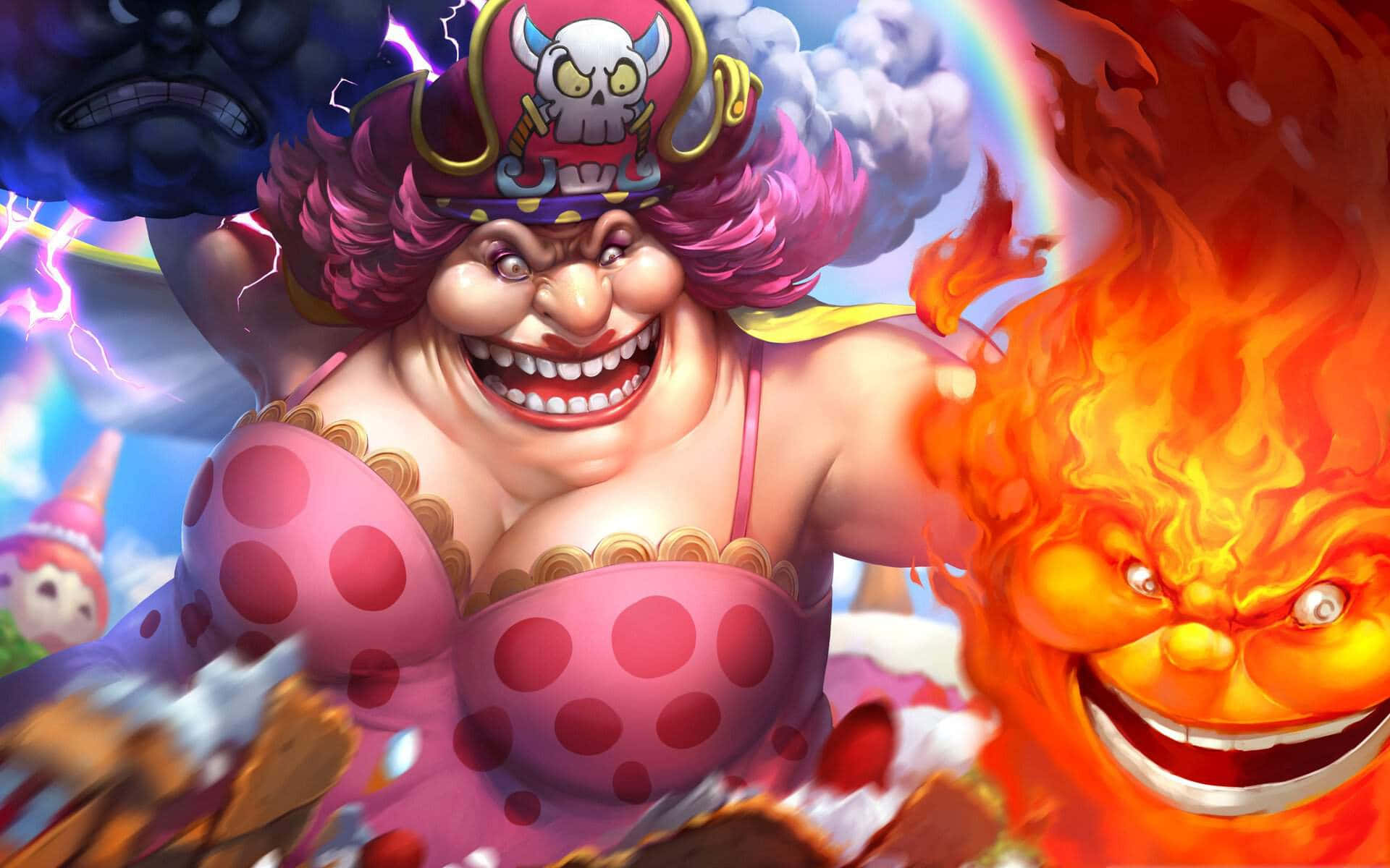 Big Mom 桌布 壁紙 — 一位兇猛嘅動畫海盜女人，粉紅色頭髮，著住波點上衣，喺熾熱同風暴元素精靈圍繞下大笑。