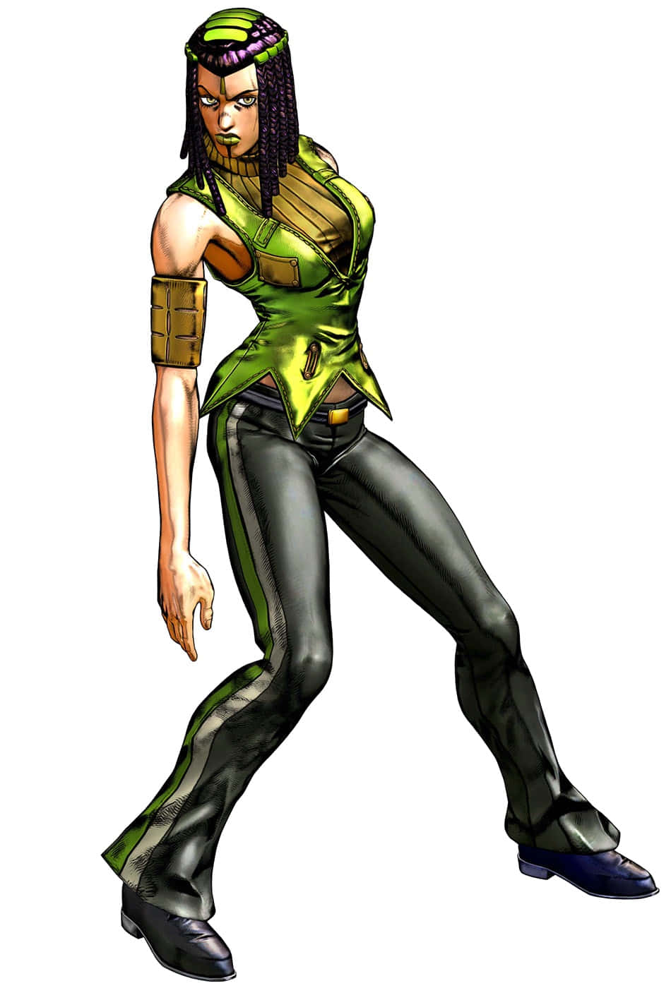 Ermes Costello 桌布 壁紙 — 一位兇猛的動漫女性，擁有綠色和紫色的頭髮，穿著綠色上衣和黑色褲子，背景為白色。