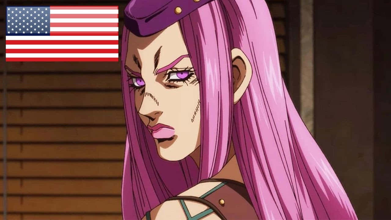 Narciso Anasui 桌布 壁紙 — 一位兇猛的動漫女性，擁有長長的粉紅色頭髮和紫色眼睛，專注地凝視著，背景中可見美國國旗。