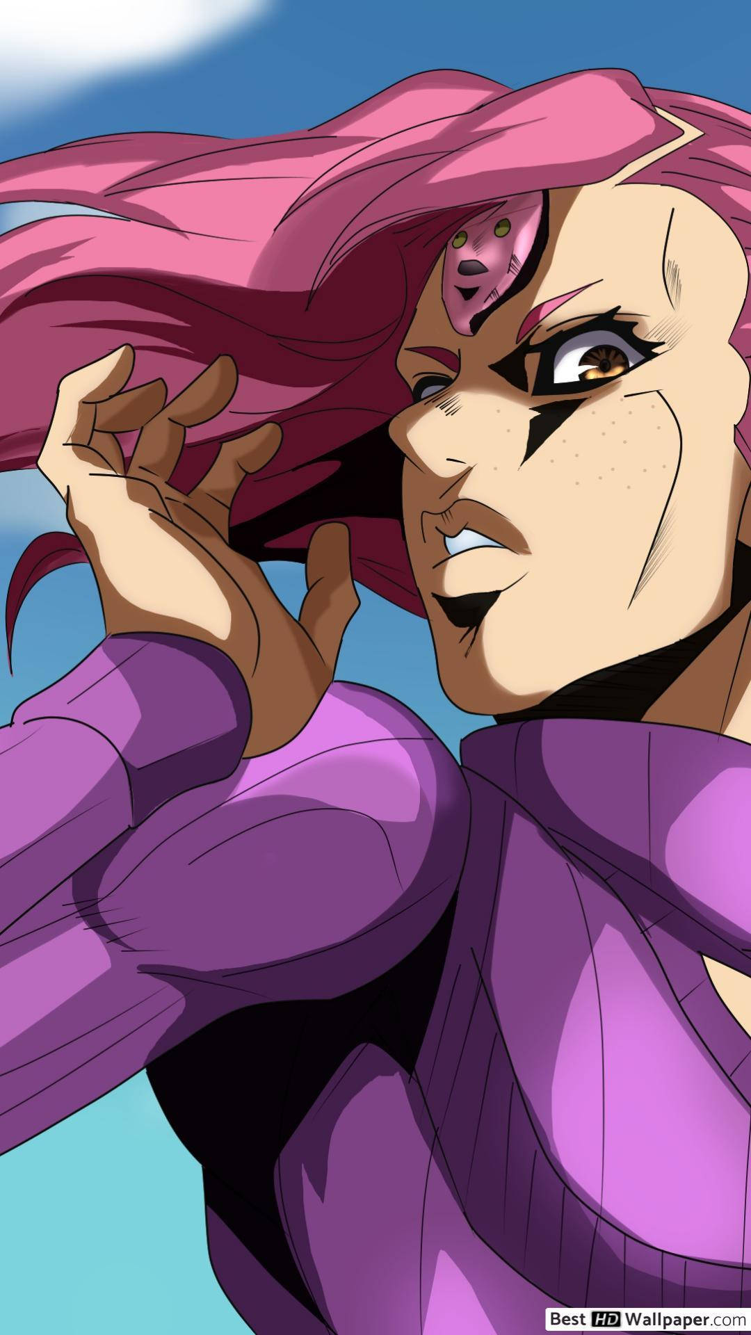 Jojo Phone - Diavolo 壁紙 — 一位兇猛的動漫女性，粉紅色頭髮和紫色服裝，在明亮的藍天下強烈凝視。
