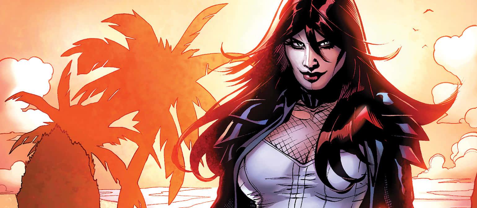 Typhoid Mary 桌布 壁紙 — 一位兇猛的動漫女性，飄逸的紅髮，站在火熱的日落背景下，襯托著棕櫚樹的剪影。