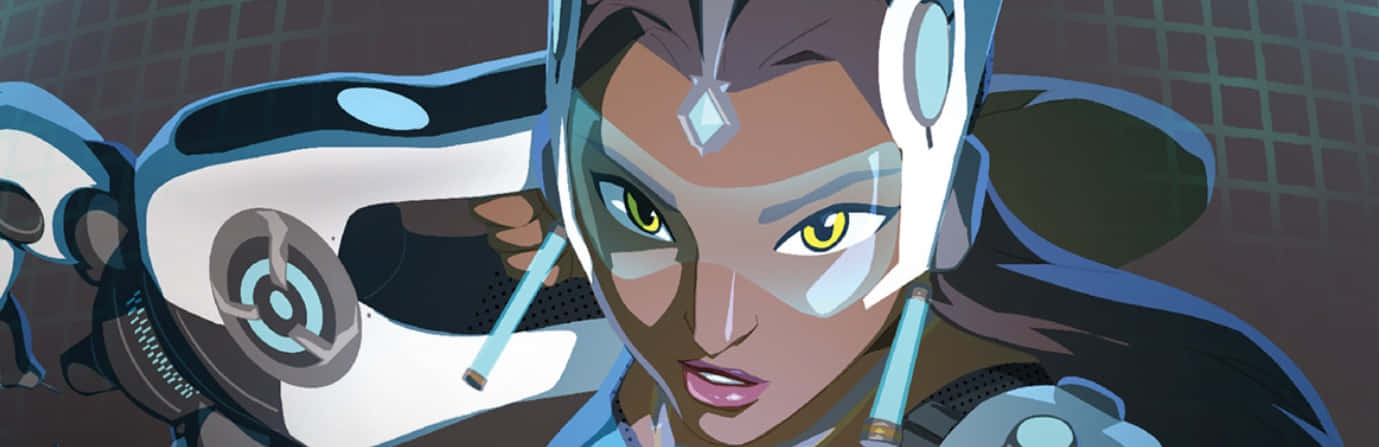 Overwatch Symmetra 桌布 壁紙 — 一位兇猛的動漫女英雄，擁有發光的黃色眼睛和未來風格的盔甲，強烈地凝視前方。