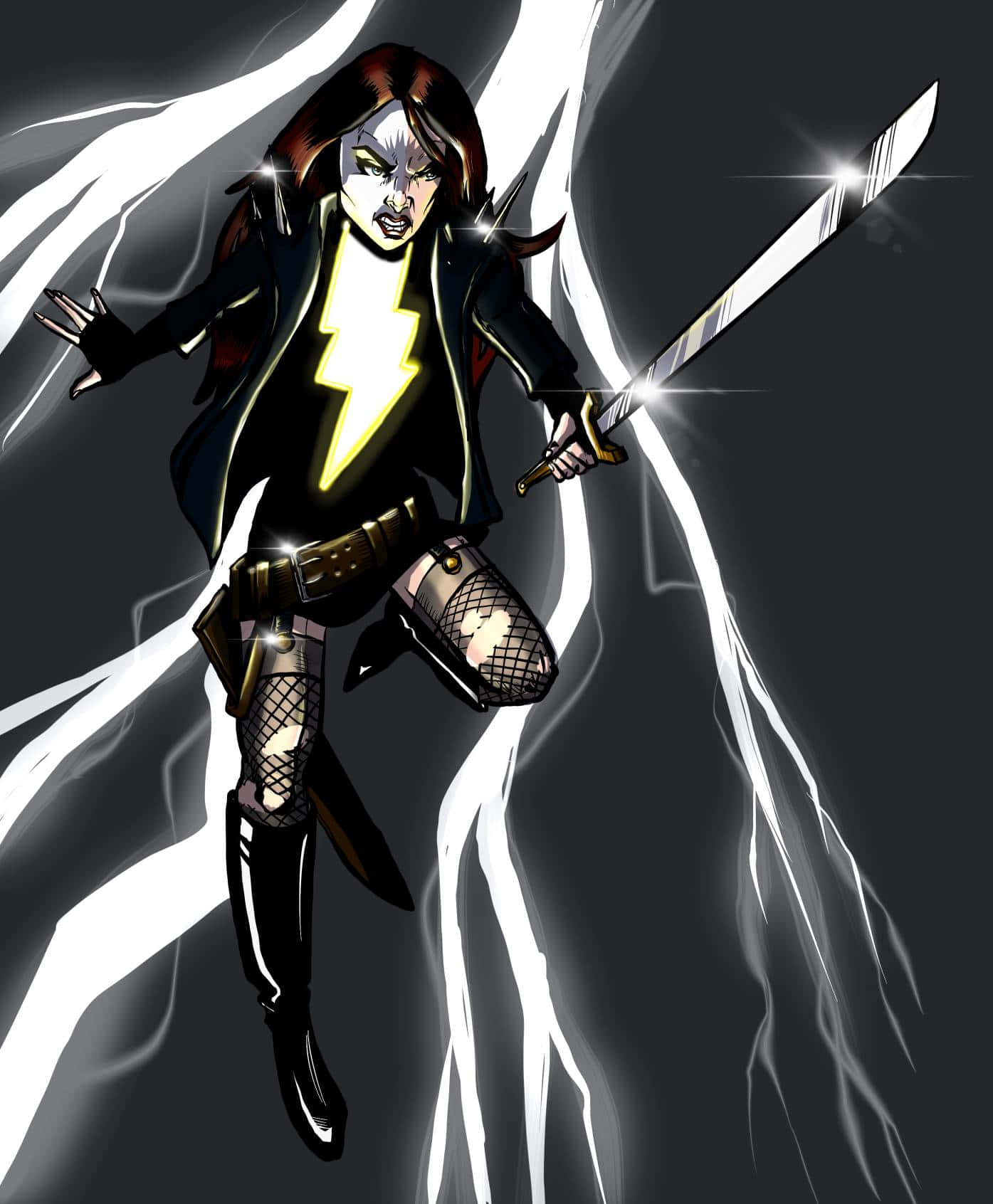 Typhoid Mary 桌布 壁紙 — 一位兇猛的動漫戰士，帶有閃電標誌，在噼啪作響的電能中揮舞著發光的劍。