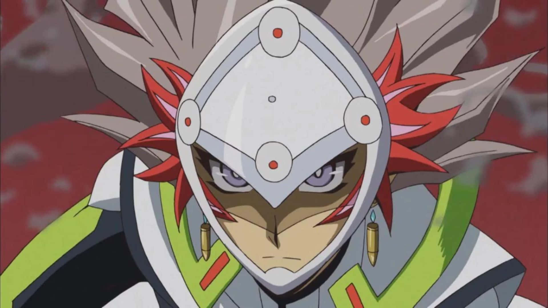 Ryoken Kogami 桌布 壁紙 — 一位兇猛的動漫戰士，戴著白色頭盔，留著紅色尖刺頭髮，在煙霧彌漫的紅色背景下凝視著。