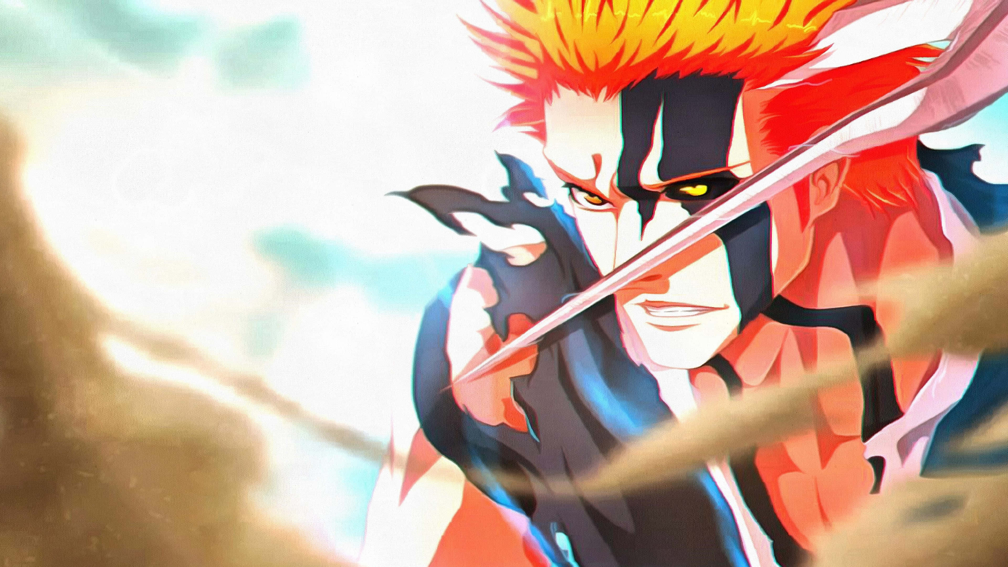 Ichigo 4K 桌布 壁紙 — 一位兇猛的動漫戰士，擁有尖刺的橙色頭髮和黑色臉部彩繪，在明亮的天空下揮舞著發光的劍。