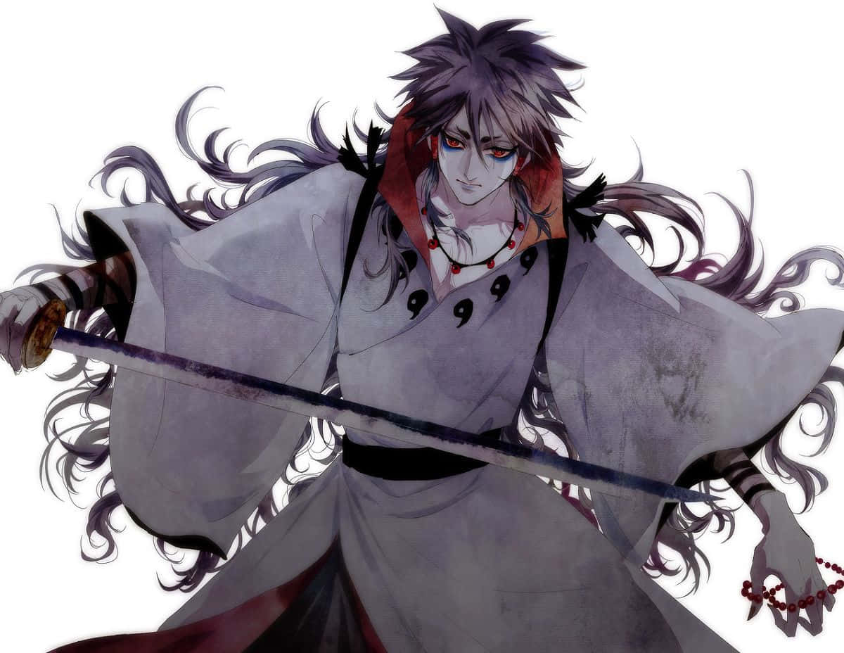 Indra ōtsutsuki 桌布 壁紙 — 一位兇猛的動漫戰士，擁有尖刺的灰色頭髮和紅色眼睛，在純白背景下揮舞著劍。