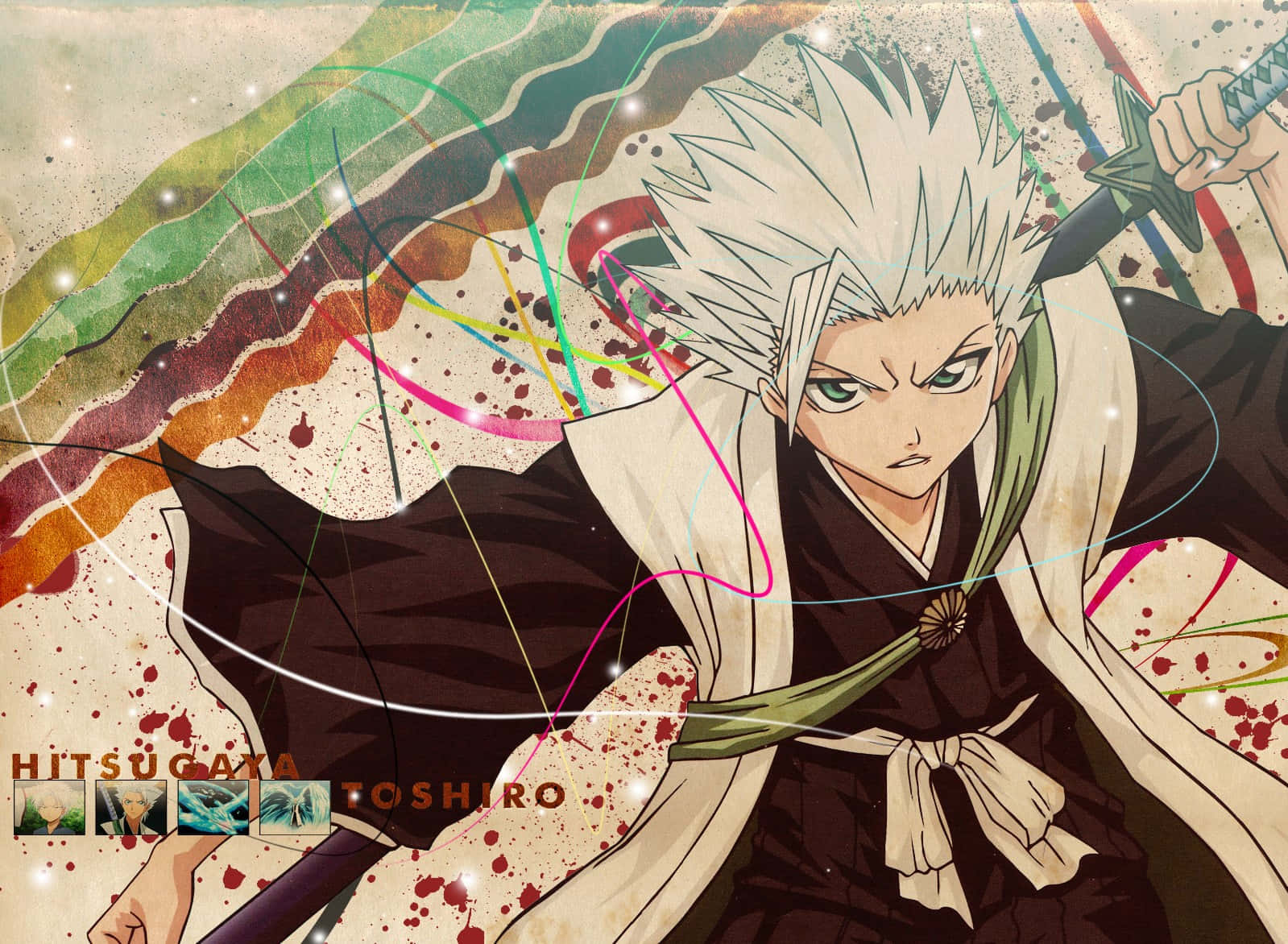Toshiro Hitsugaya 桌布 壁紙 — 一位兇猛的動漫戰士，擁有尖刺的白髮和綠色的眼睛，在旋轉的彩色能量和血跡中揮舞著劍。