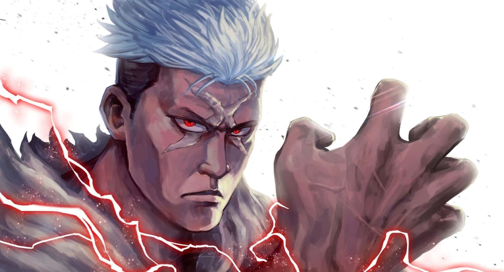 Fullmetal Alchemist Scar 桌布 壁紙 — 一位兇猛的動漫戰士，擁有尖刺的白髮和發光的紅眼睛，從他伸出的手中釋放出噼啪作響的紅色閃電。