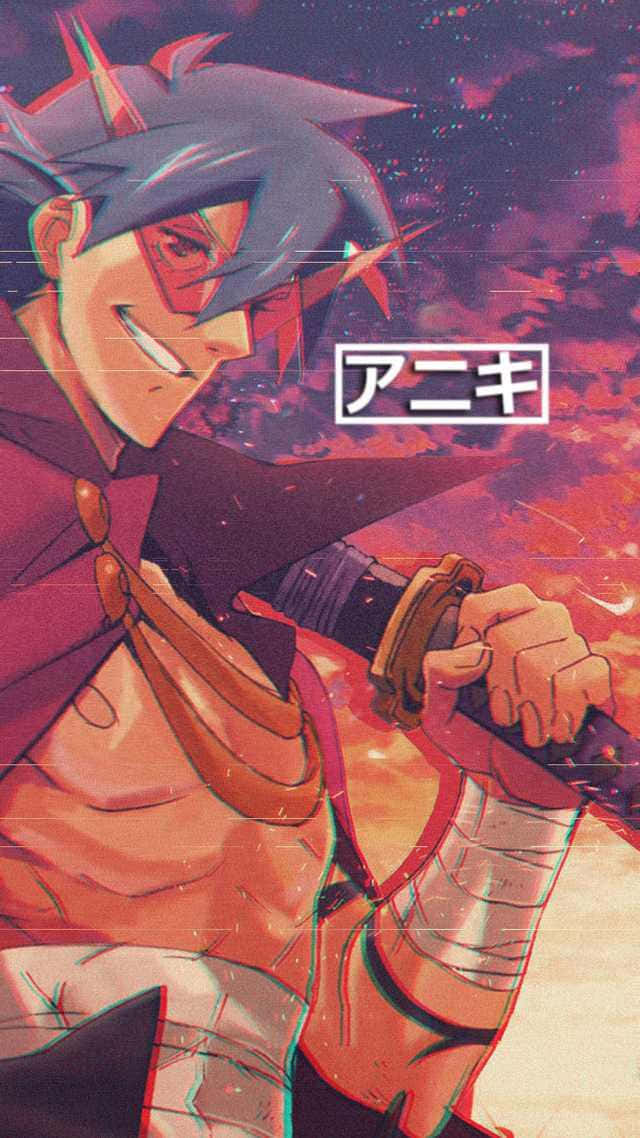 Gurren Lagann Kamina 桌布 壁紙 — 一位兇猛的動漫戰士，擁有尖刺的藍色頭髮和紅色面具，在熾熱的夕陽天空下緊握著劍。