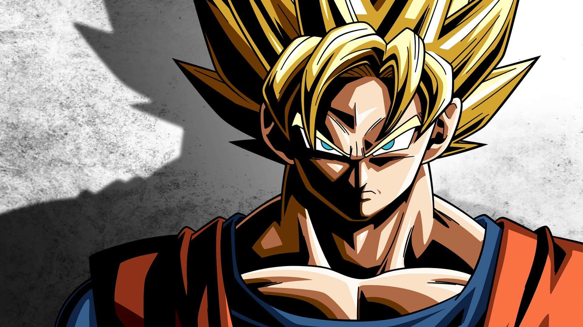 Dragon Ball Xenoverse 桌布 壁紙 — 一位兇猛的動漫戰士，擁有尖刺的金色頭髮和發光的藍色眼睛，對著有紋理的灰色牆壁凝視。