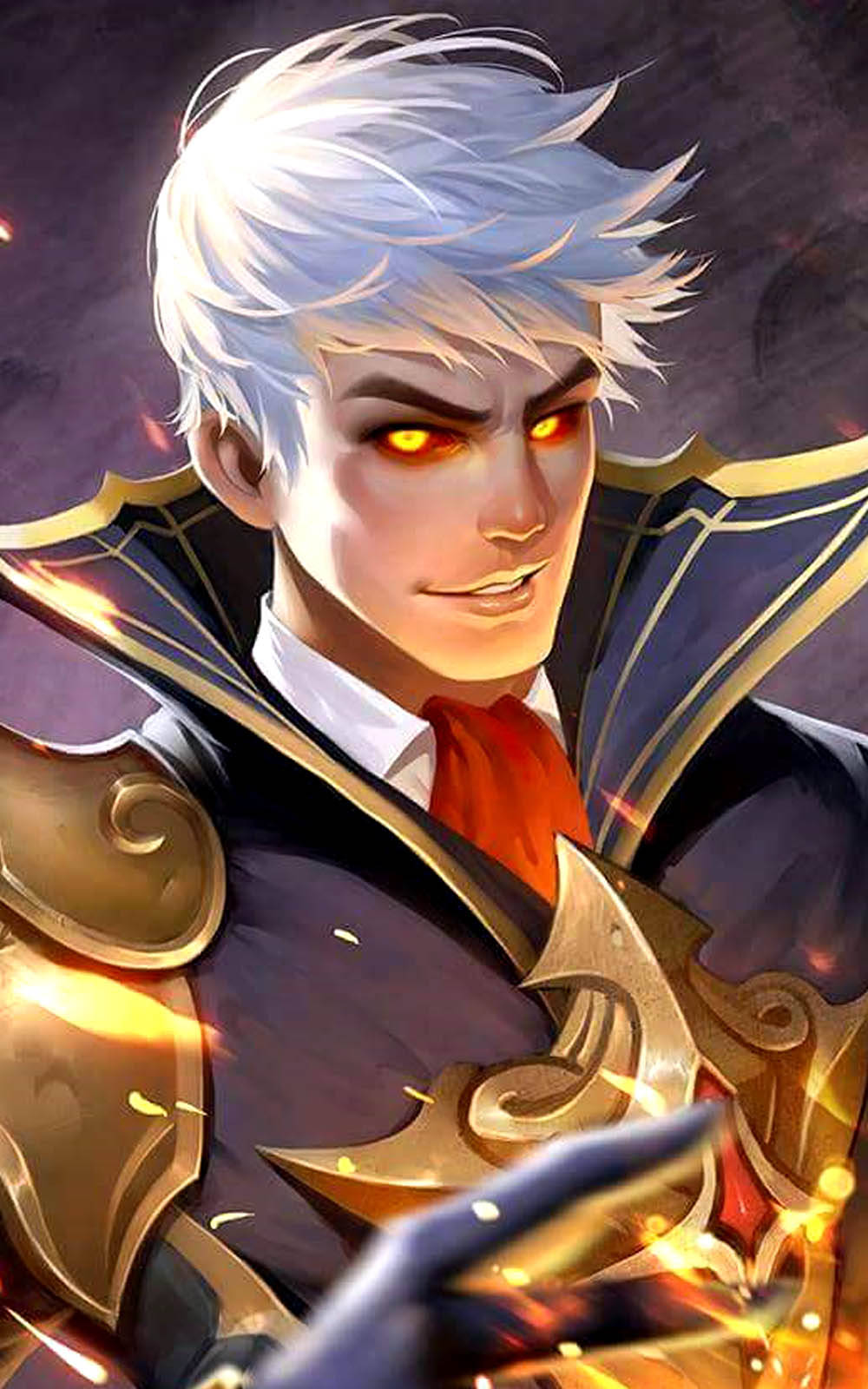 Mobile Legends 桌布 壁紙 — 一位兇猛的動漫戰士，擁有發光的橙色眼睛和白髮，在黑暗暴風雨的背景下揮舞著火焰劍。