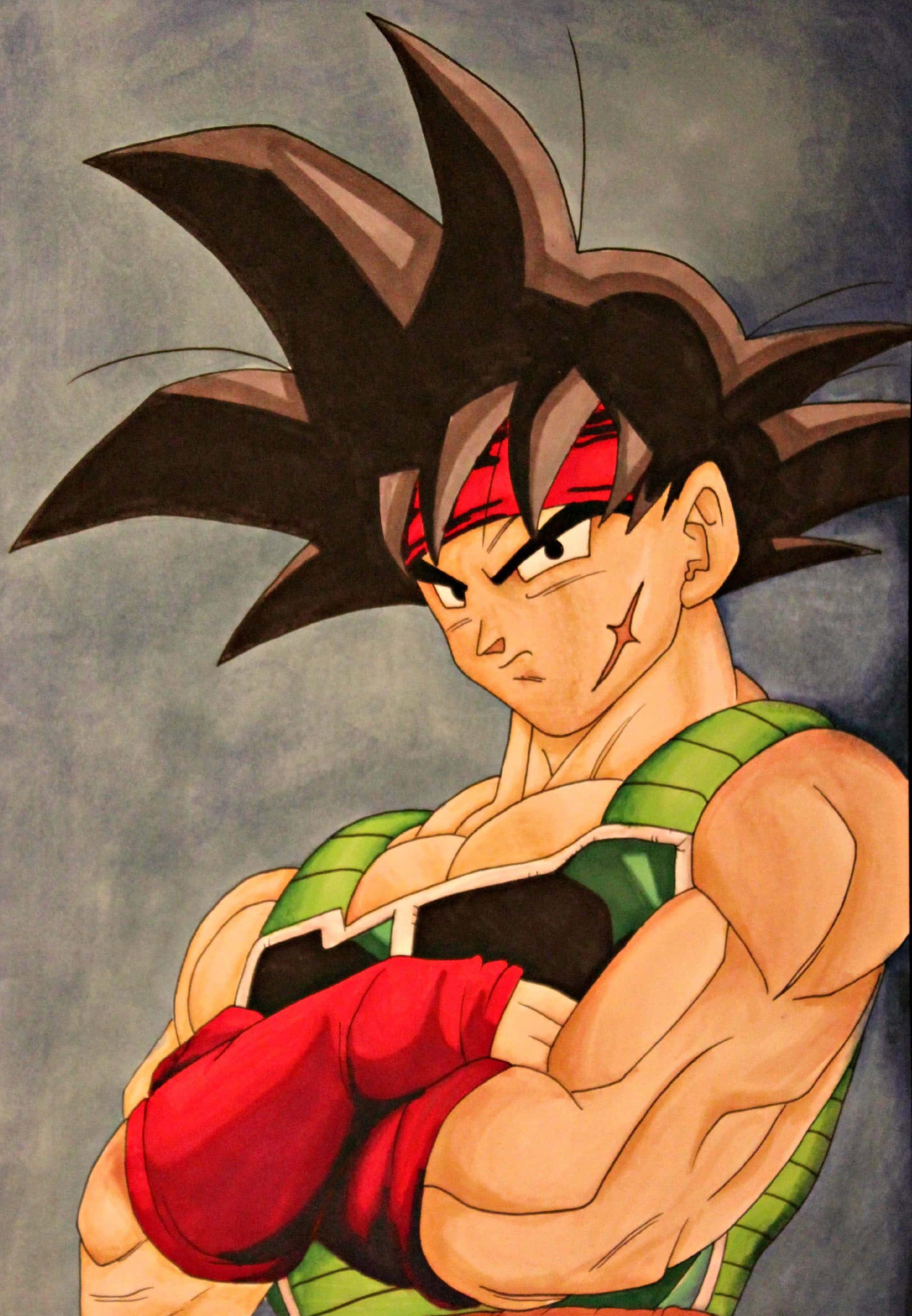 Bardock 桌布 壁紙 — 一位兇猛的動漫戰士，有著刺蝟般的黑髮和紅色頭帶，雙臂交叉，擺出堅定的姿勢。