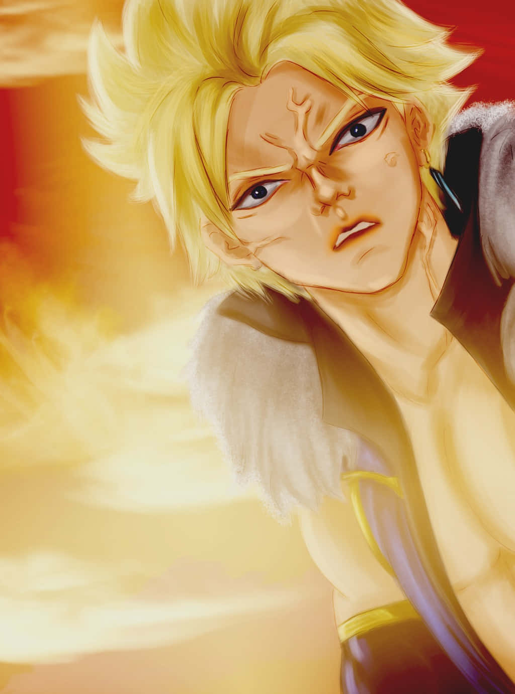 Sting Eucliffe 桌布 壁紙 — 一位兇猛的動漫戰士，有著尖刺的金色頭髮和強烈的藍色眼睛，在熾熱的橙色和紅色背景前怒視前方。