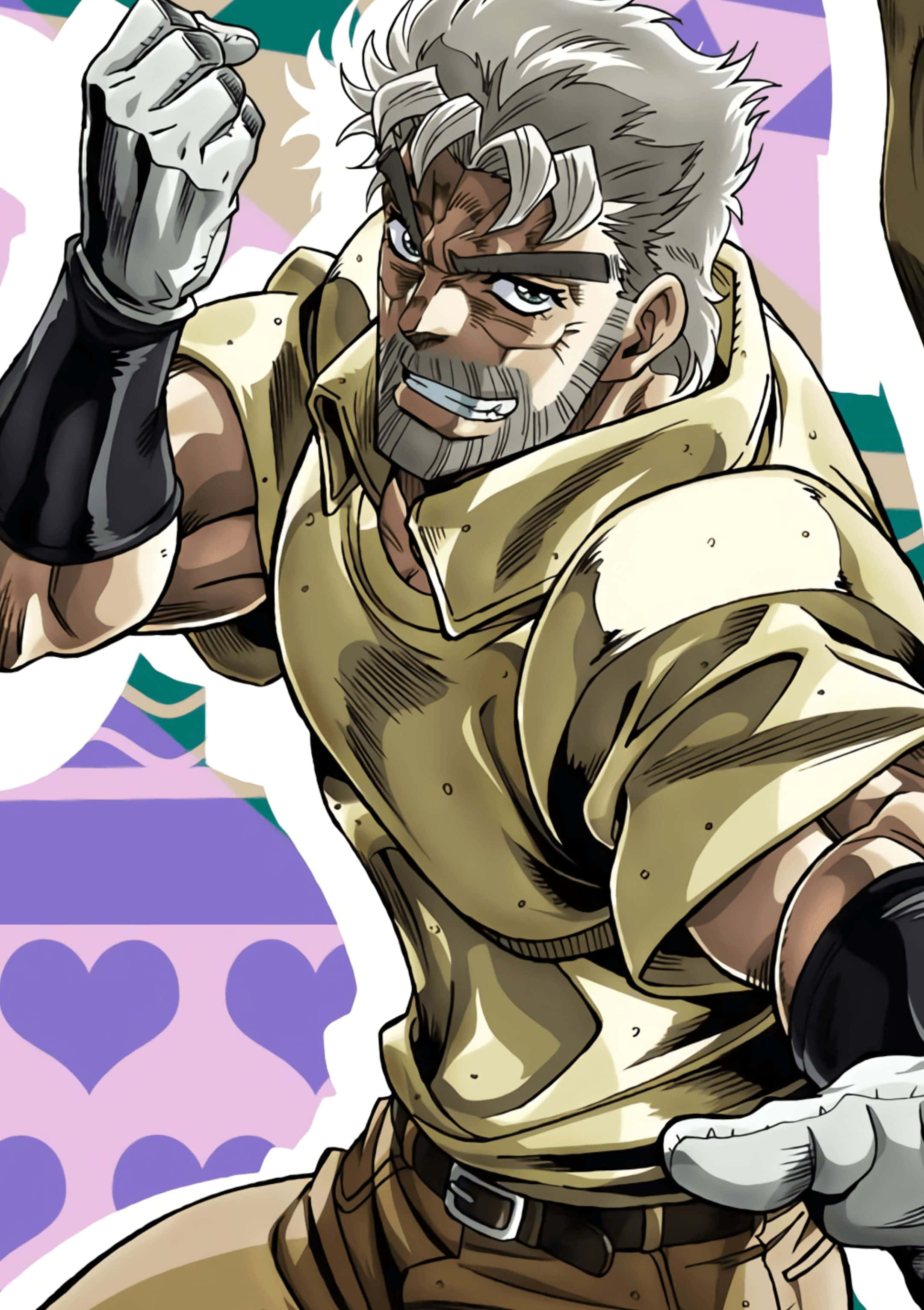 joseph joestar 桌布 壁紙 — 一位兇猛的動漫戰士，灰髮灰鬚，在充滿活力的紫色心形圖案背景前握緊拳頭。