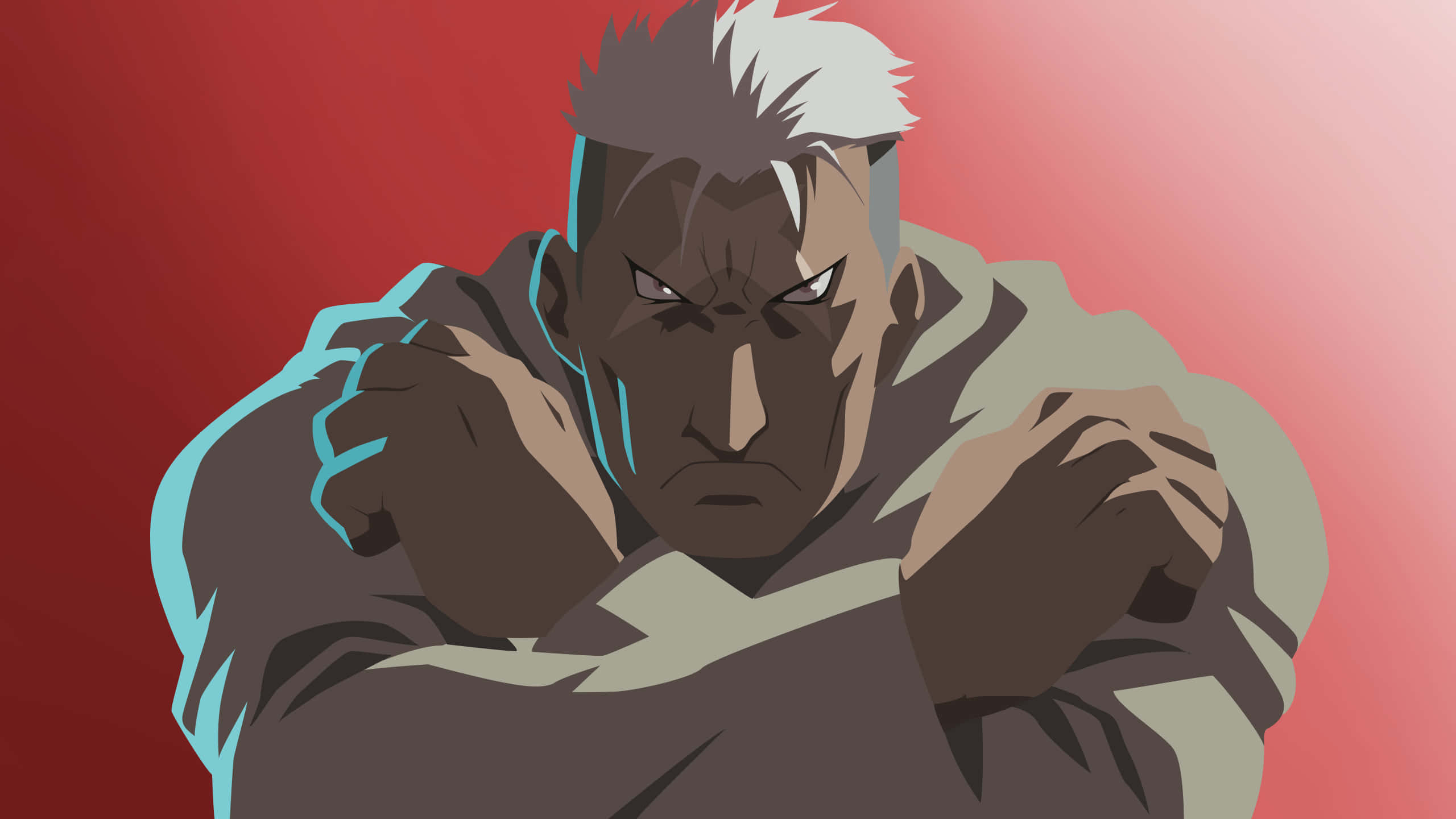 Fullmetal Alchemist Scar 桌布 壁紙 — 一位兇猛的動漫戰士，白髮，閃耀著藍色能量的拳頭，在紅色漸變背景前準備就緒。