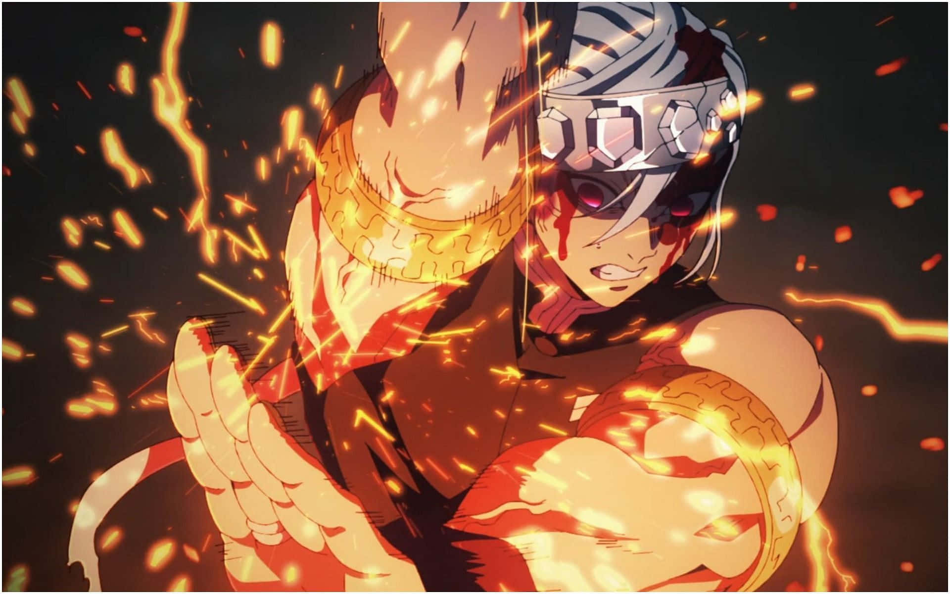 Demon Slayer Fight 桌布 壁紙 — 一位兇猛的動漫戰士，白髮紅眼，在動態戰鬥姿勢中引導火焰能量。