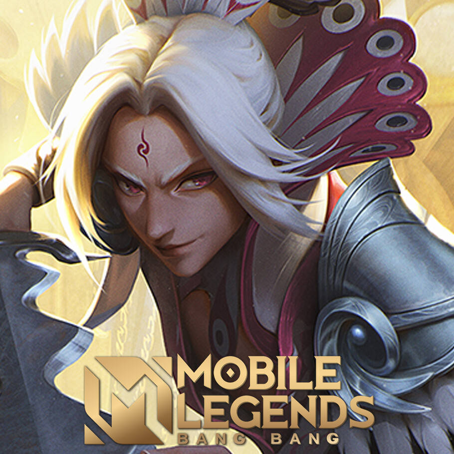 遊戲 桌布 壁紙 — 一位兇猛的動漫戰士，白髮紅眼，身穿華麗盔甲，頭戴孔雀羽毛頭飾，背景為金色。