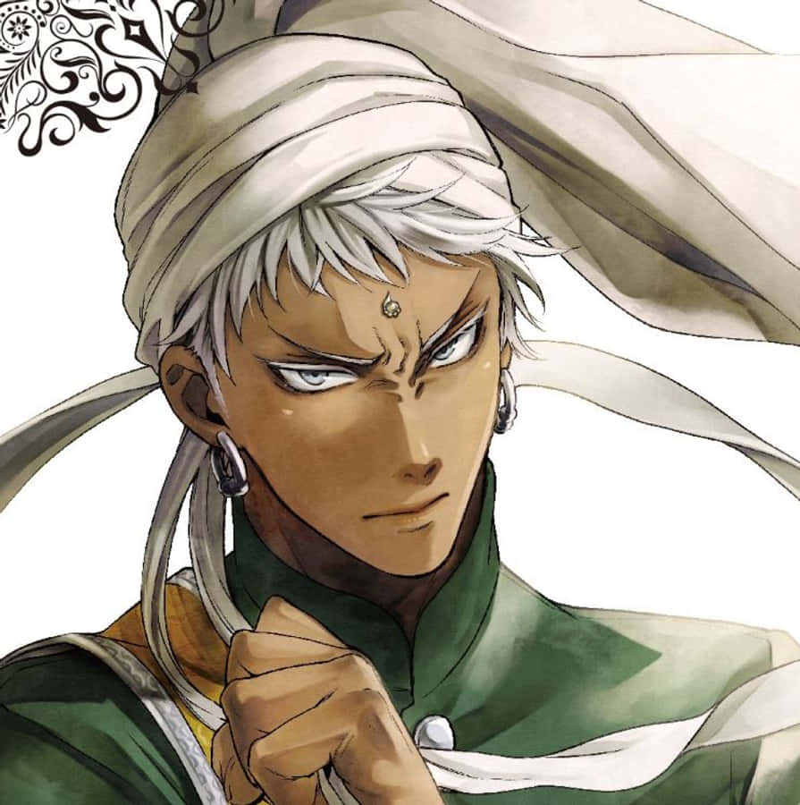 Black Butler Agni 桌布 壁紙 — 一位兇猛的動漫戰士，白髮綠衣，在純白背景前緊握繩索。