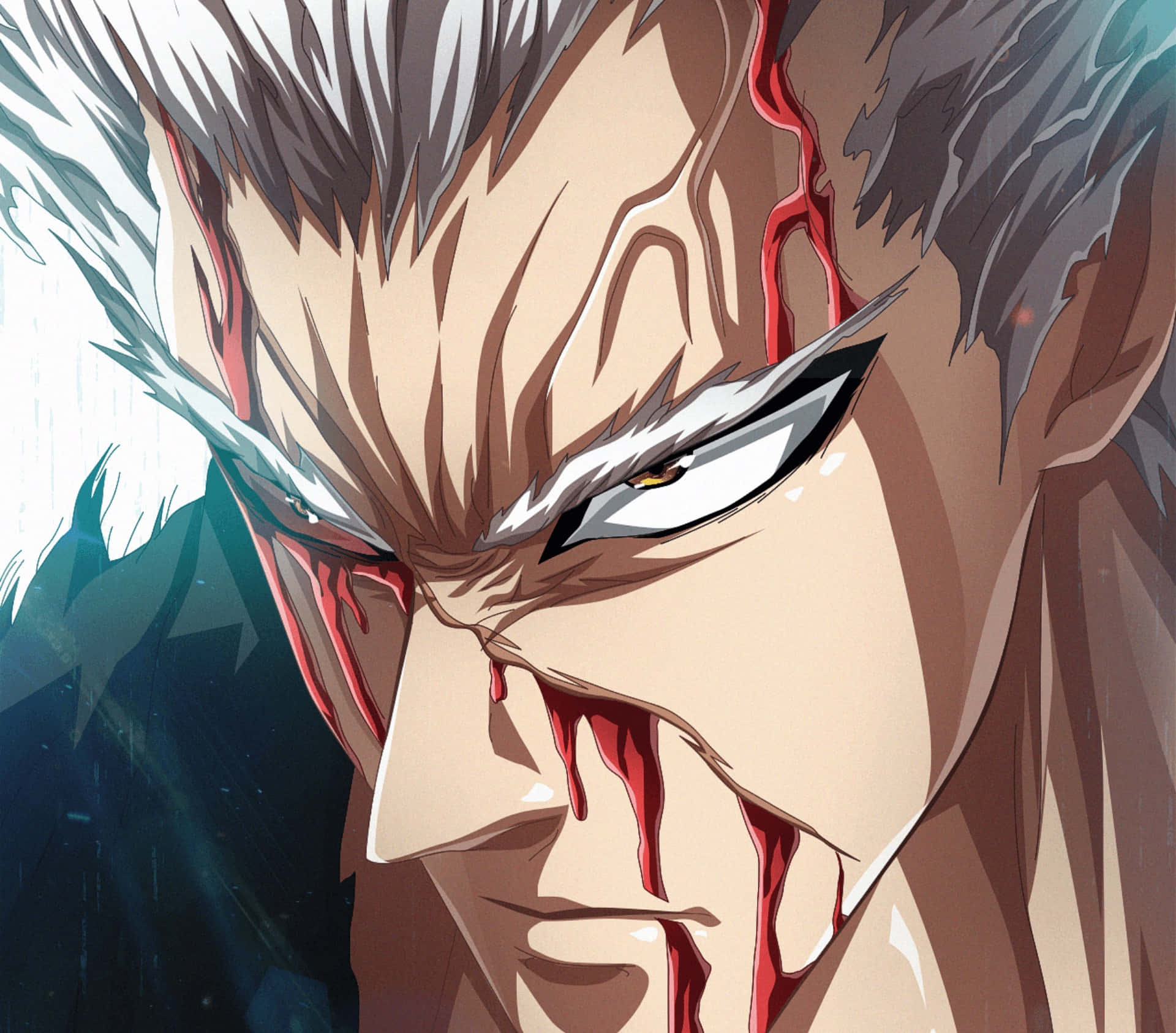 Garou 桌布 壁紙 — 一位兇猛的動漫戰士，白髮蒼蒼，臉上滴著血，目光炯炯地向前凝視。