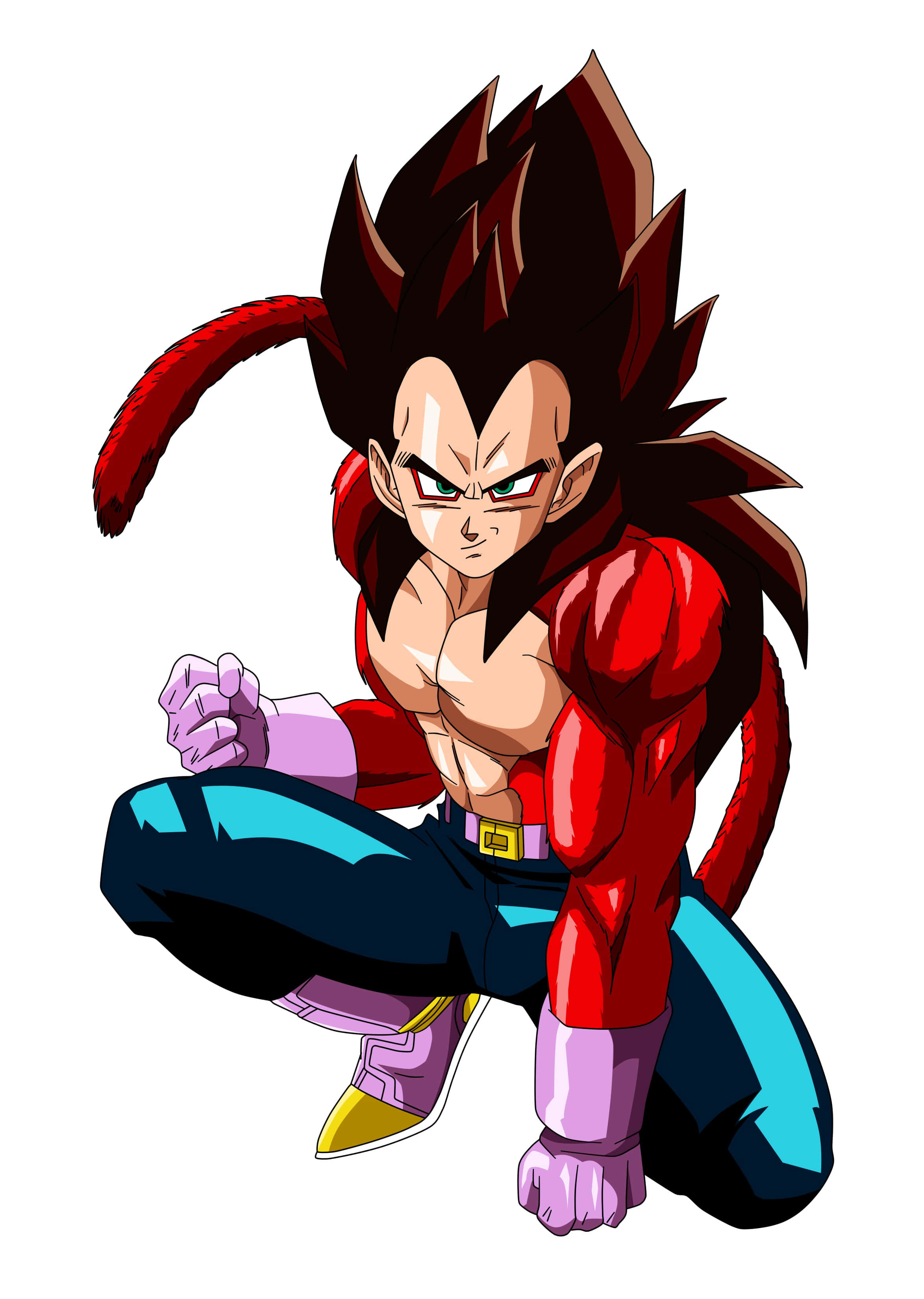 Vegeta Super Saiyan 4 桌布 壁紙 — 一位兇猛的動漫戰士，紅髮和尾巴，在白色背景前以備戰姿勢蹲伏。