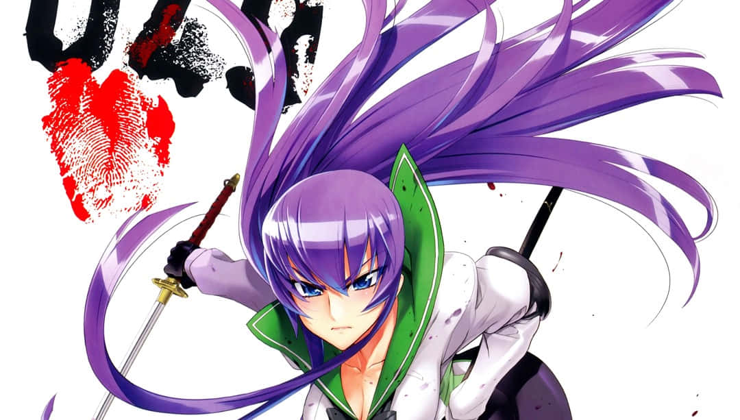 Highschool Of The Dead 桌布 壁紙 — 一位兇猛的動漫戰士，紫色頭髮，在純白背景上揮舞著劍，帶有紅色和黑色的飛濺。