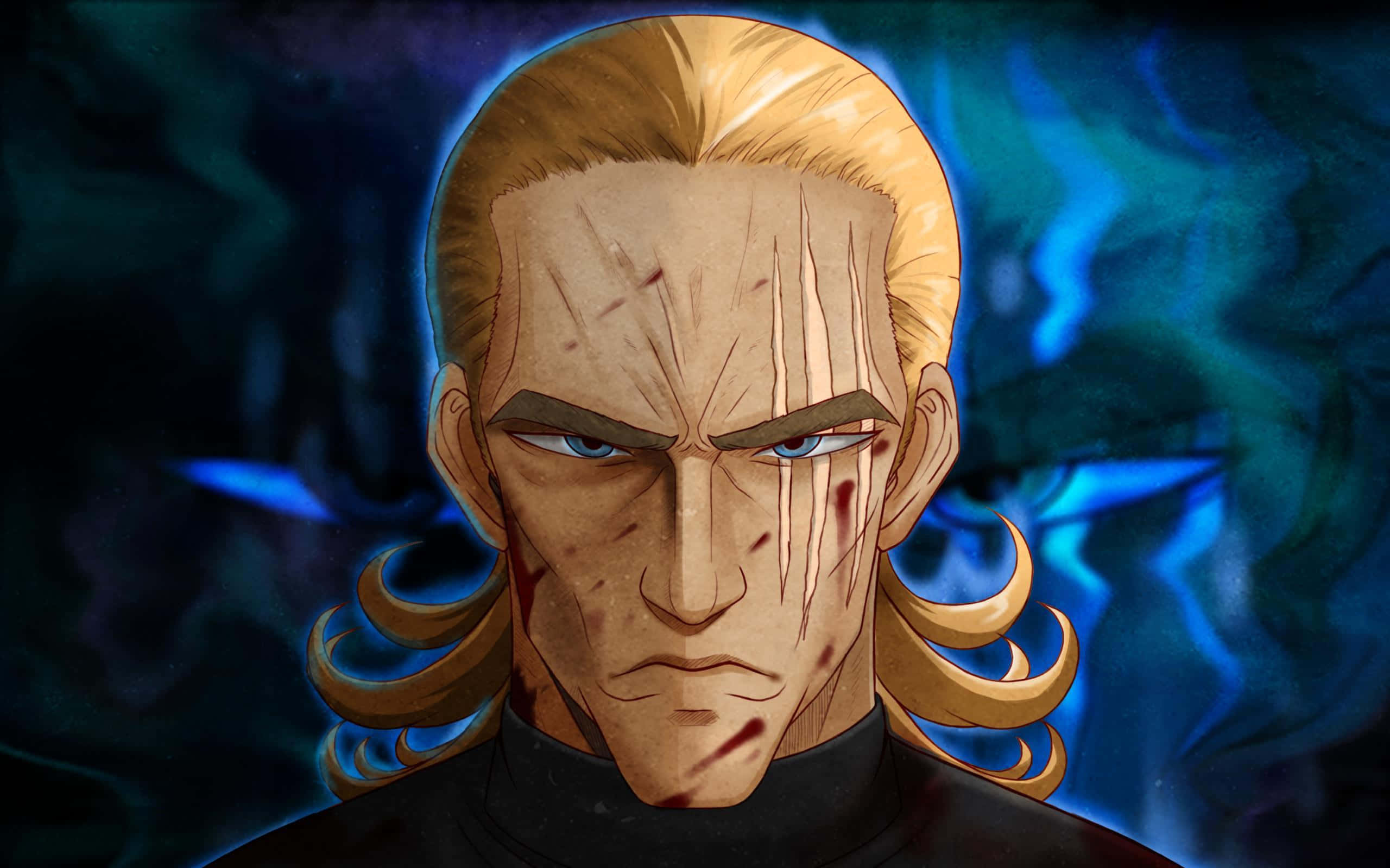 One Punch Man King 桌布 壁紙 — 一位兇猛的動漫戰士，金髮帶血痕，在旋轉的藍色能量背景前凝視著。