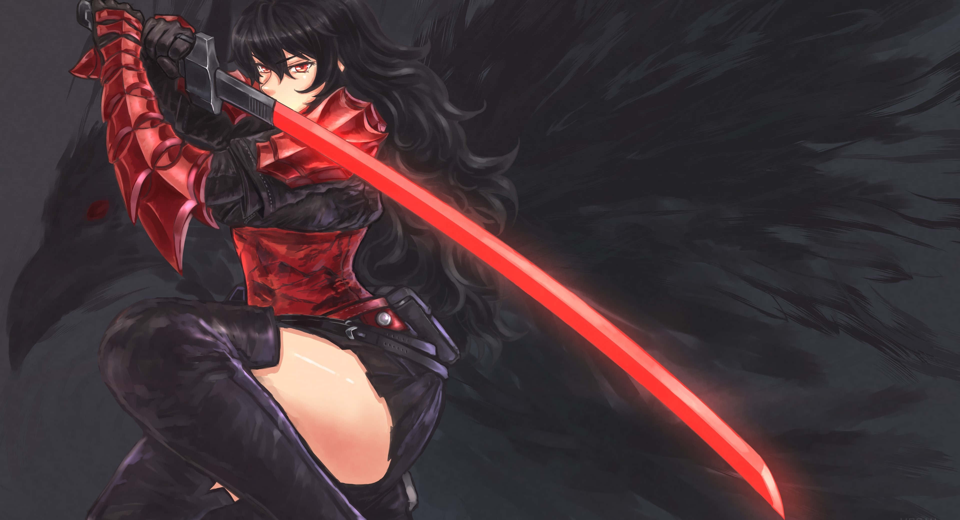 Rwby 桌布 壁紙 — 一位兇猛的動漫戰士，黑髮，在黑暗暴風雨背景下揮舞著一把發光的紅色劍。