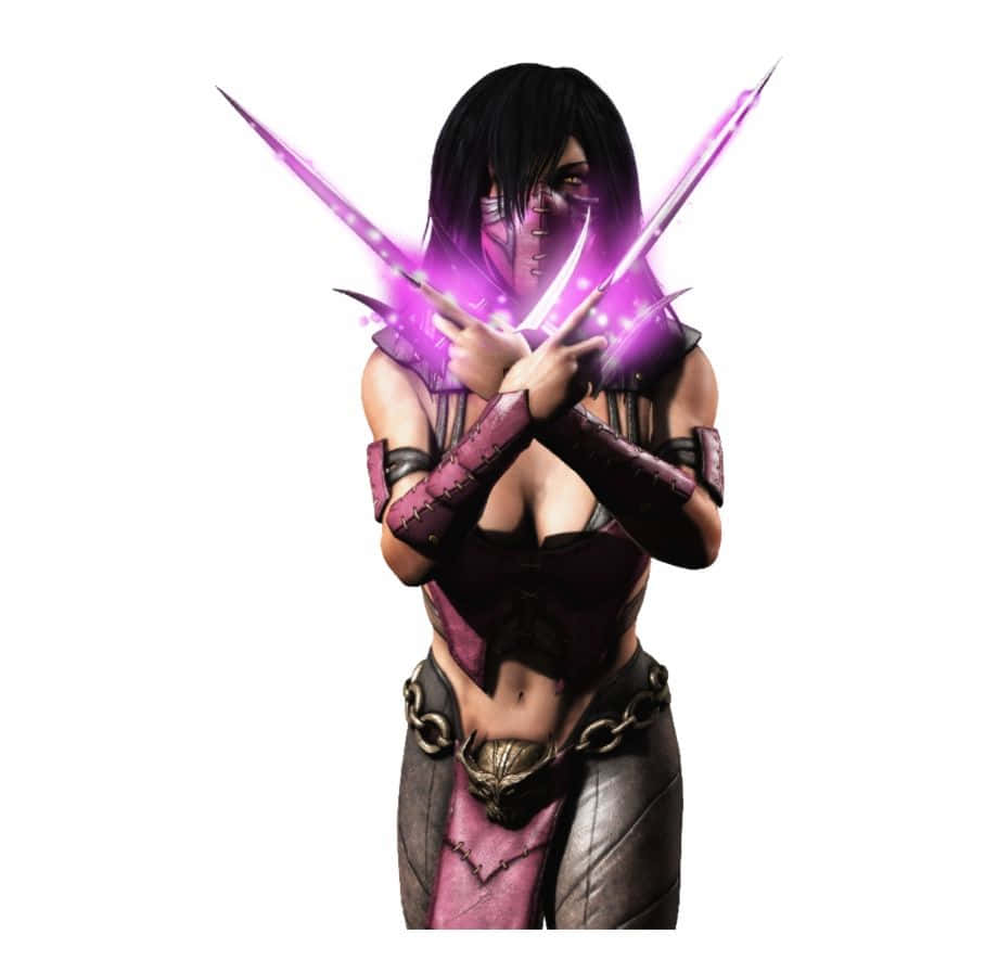 Mortal Kombat Mileena 桌布 壁紙 — 一位兇猛的動漫戰士，黑髮，手持紫色發光刀刃，交叉雙臂擺出戰鬥姿勢。