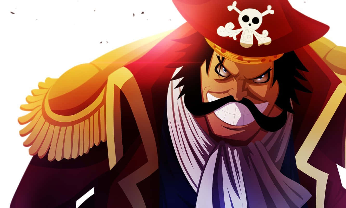 King Of The Pirates 桌布 壁紙 — 一位兇猛的動漫海盜船長，戴著紅色帽子骷髏標誌和金色肩章，在明亮的背景下猙獰地笑著。