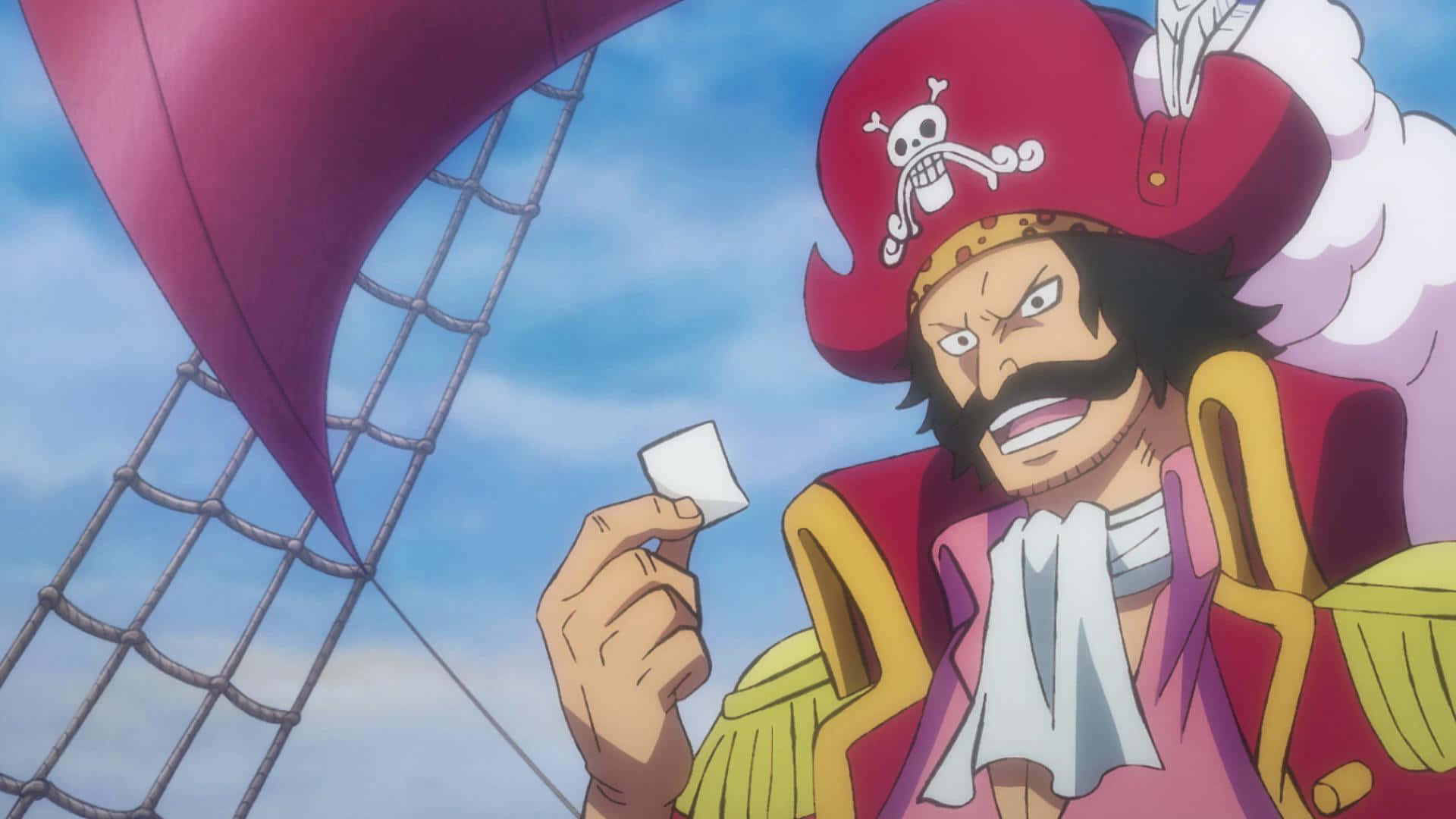 King Of The Pirates 桌布 壁紙 — 一位兇猛的動漫海盜船長，戴著紅色骷髏帽和鬍子，在藍天下的一艘船上拿著一張紙條。