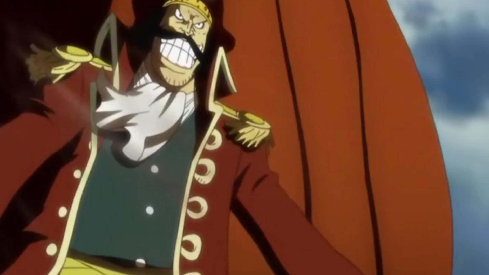 King Of The Pirates 桌布 壁紙 — 一位兇猛的動漫海盜船長，戴著金冠，穿著紅色外套，在陰雲密佈的天空下咆哮。