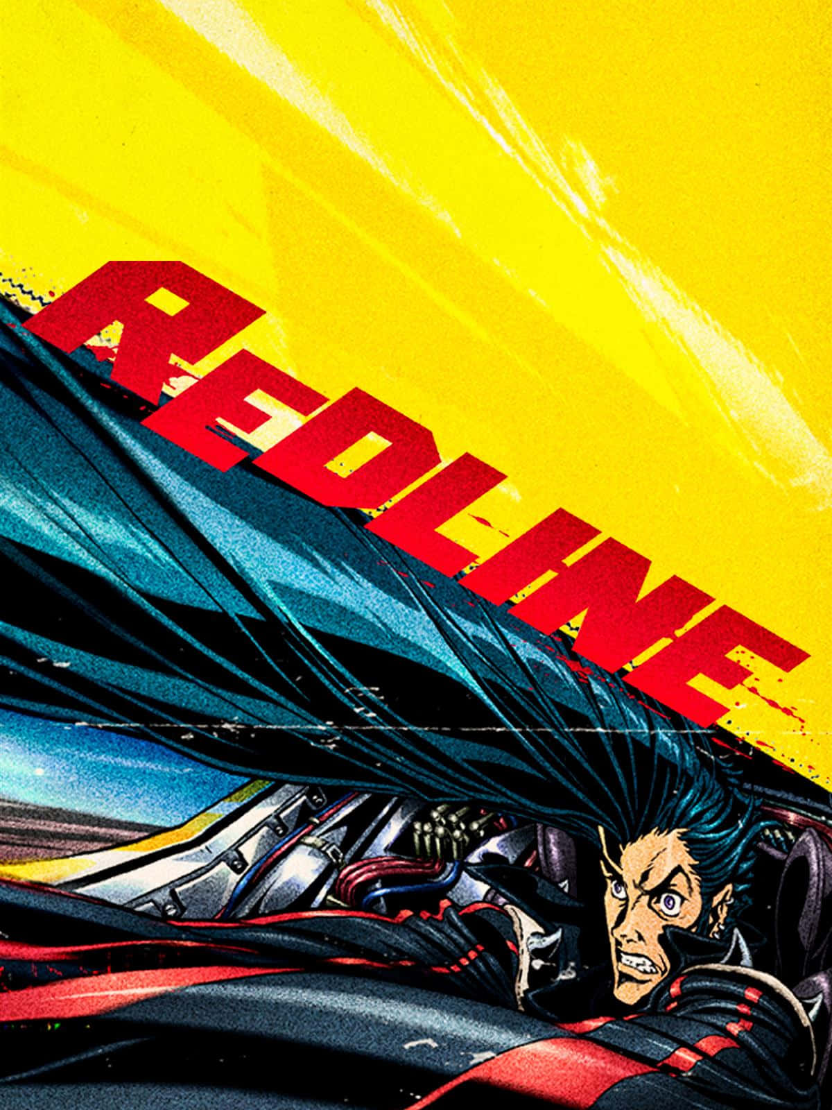 Redline 桌布 壁紙 — 一位兇猛的動漫賽車手在熾熱的黃色天空下，握著一輛高速未來汽車的方向盤，並帶有粗體紅色標題文字。