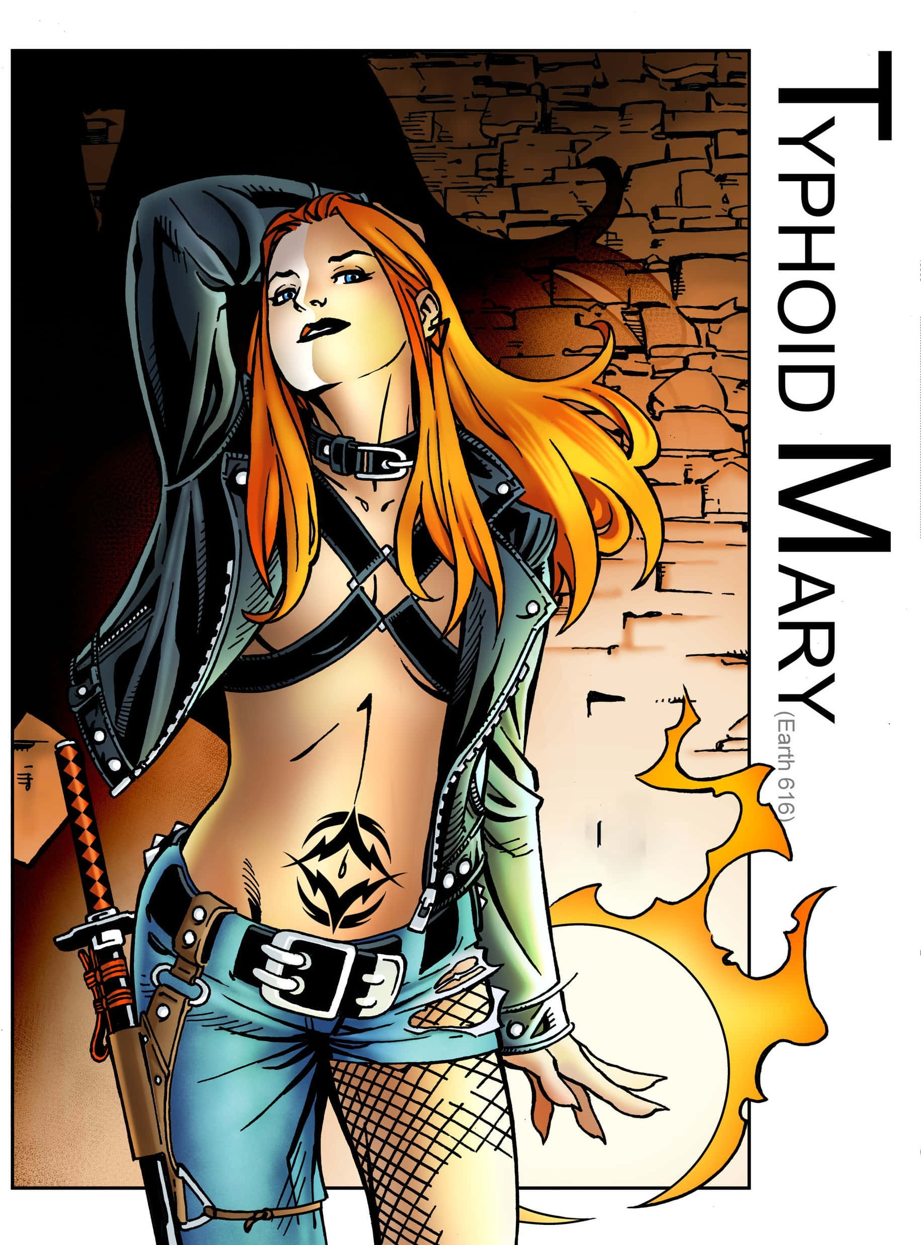 Typhoid Mary 桌布 壁紙 — 一位兇猛的動漫風格女性，橙色頭髮，腹部有紋身，靠著磚牆手持劍。
