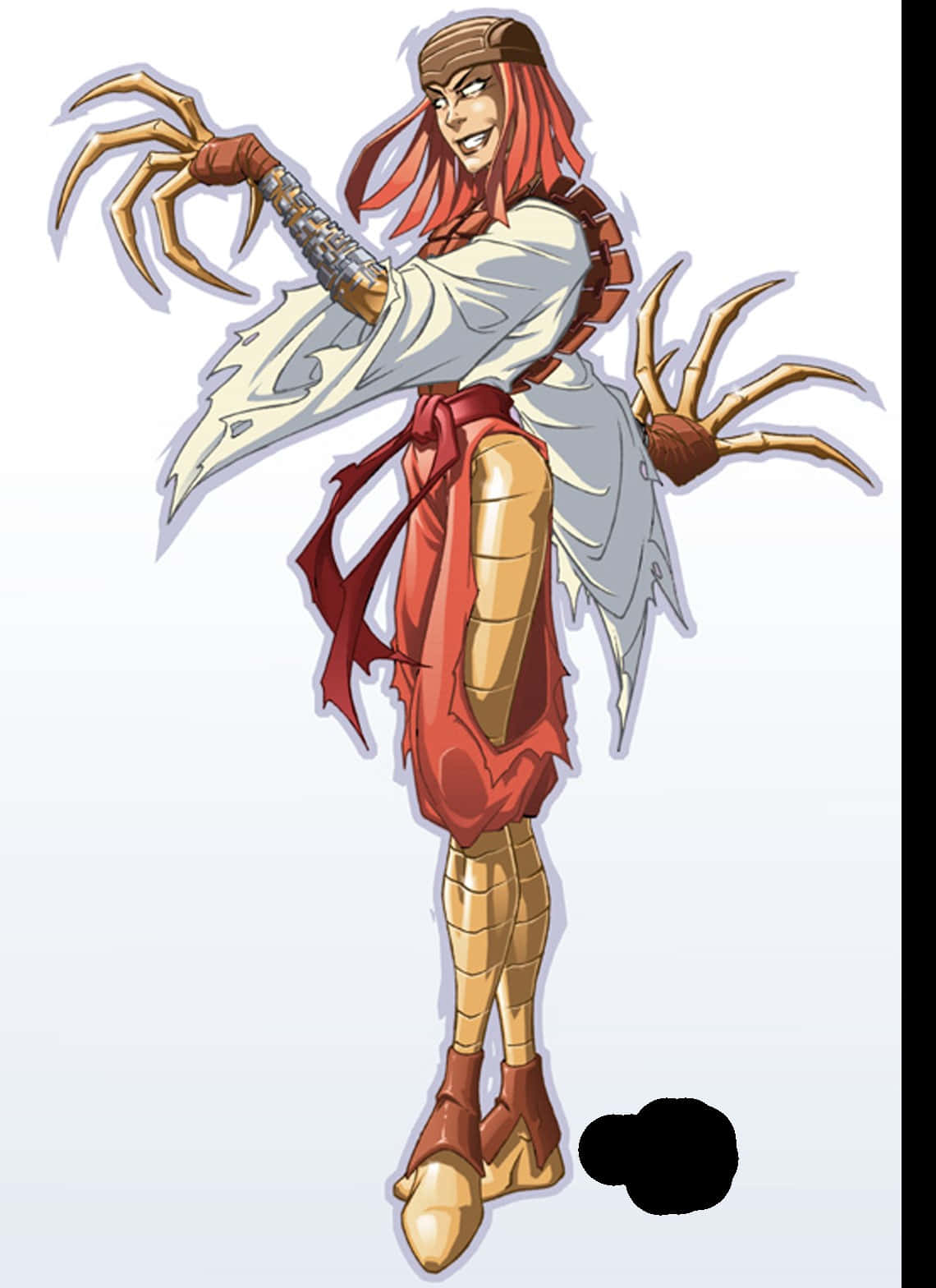Lady Deathstrike 桌布 壁紙 — 一位兇猛的動漫風格女戰士，紅髮金黃蜘蛛般的爪子，身穿白色和紅色服裝，擺出動感姿勢。