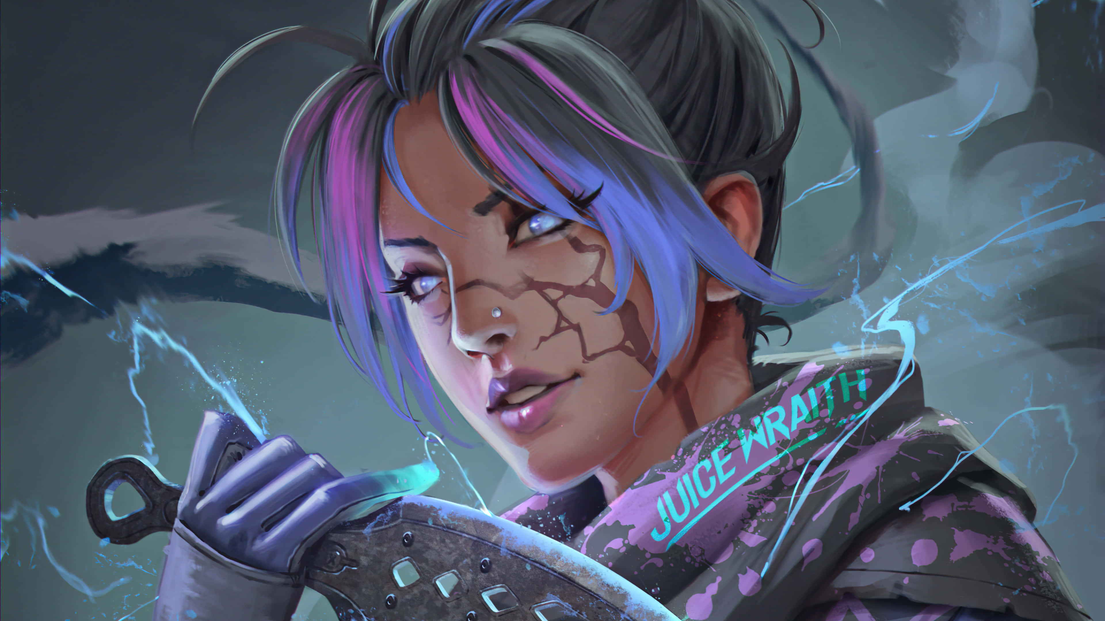 Apex Legends Characters 桌布 壁紙 — 一位兇猛的動漫風格戰士，擁有紫色和藍色的頭髮，在噼啪作響的電能中揮舞著發光的武器。