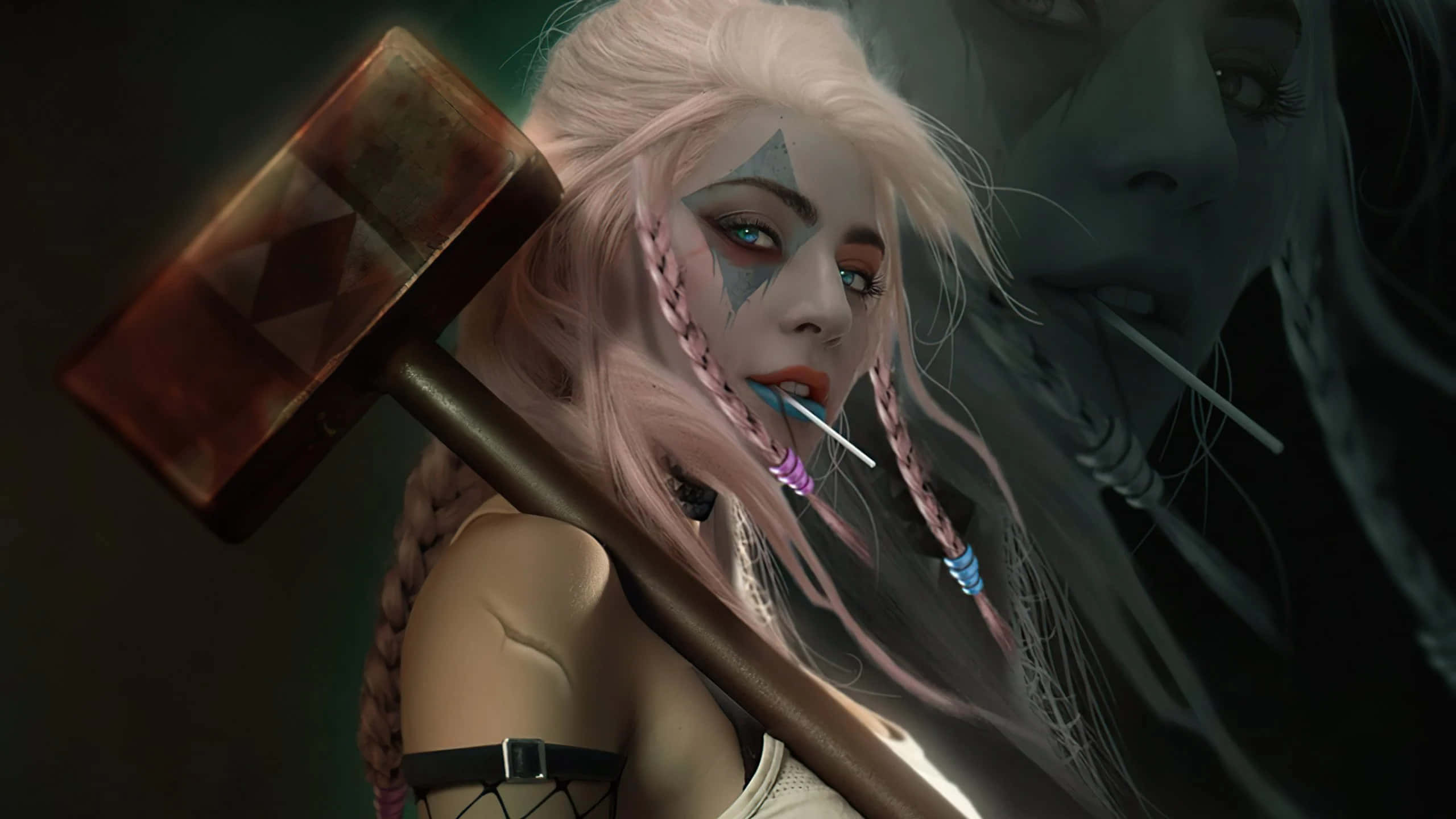 Harley Quinn Hammer 桌布 壁紙 — 一位兇猛的動漫風格戰士，梳著粉紅色辮子，手持巨錘，身後有一個幽靈般的身影若隱若現。