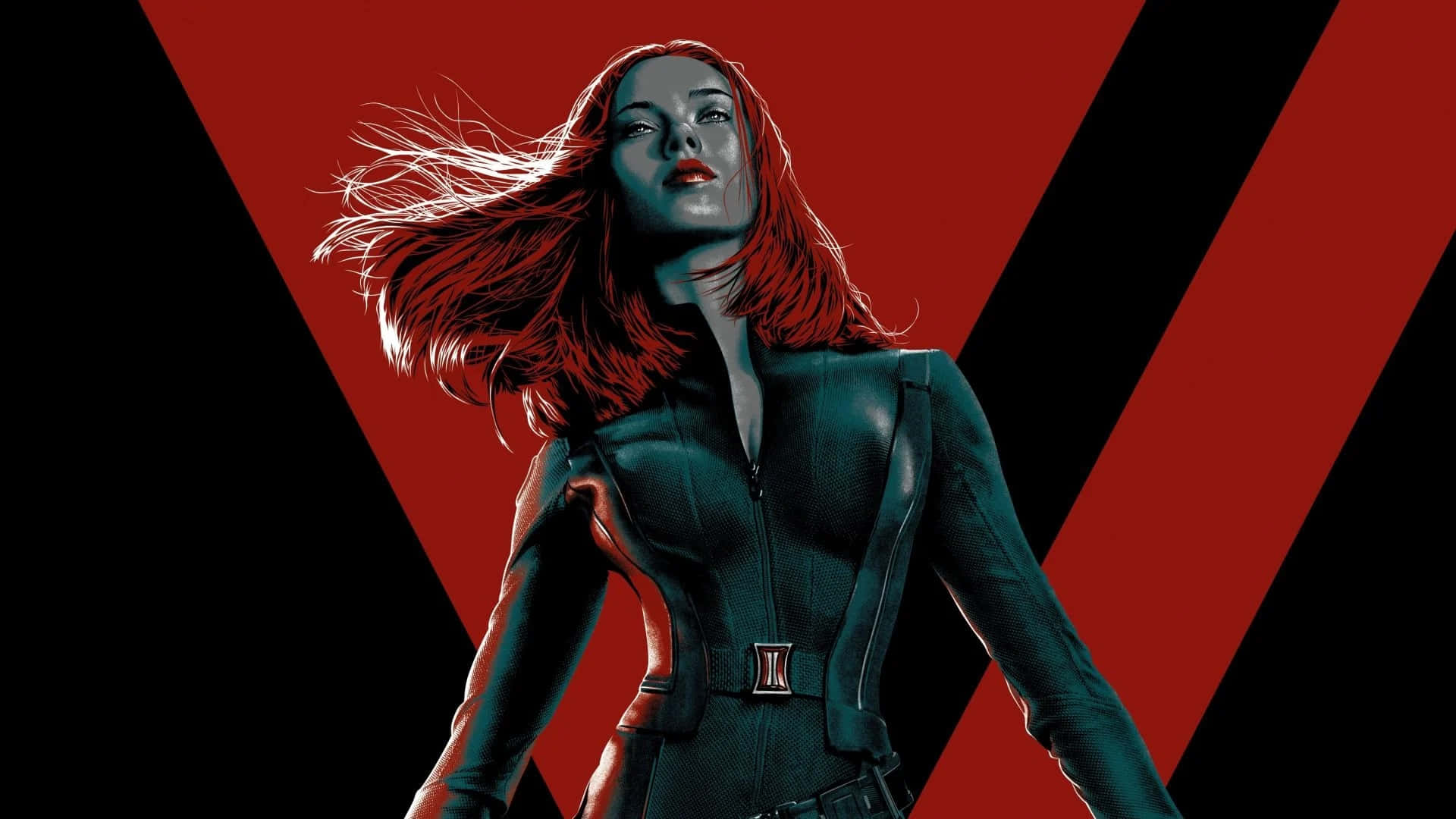 Natasha Romanoff 桌布 壁紙 — 一位兇猛的女人，飄逸的紅髮，自信地站在大膽的紅黑V形背景前。