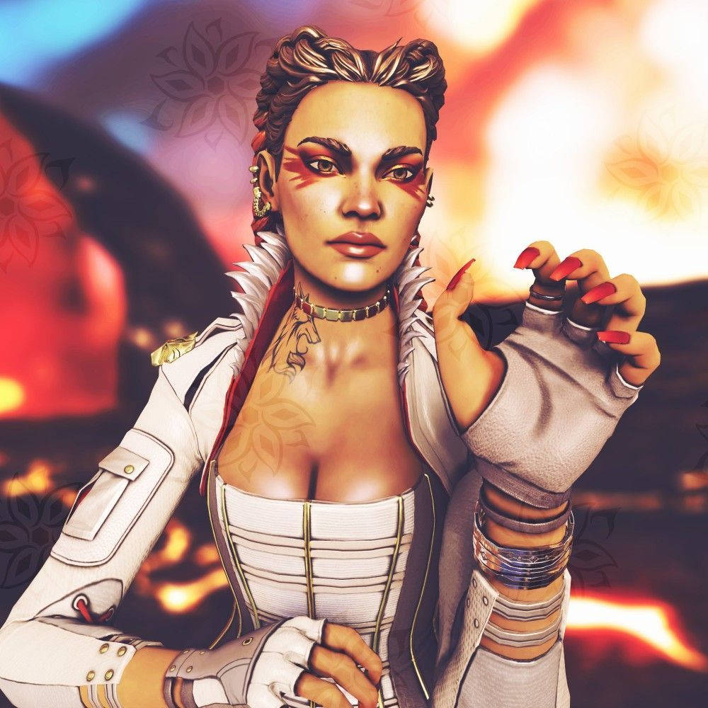 遊戲 桌布 壁紙 — 一位兇猛的女戰士，帶著火熱的妝容和白色盔甲，站在熾熱的橙色和藍色背景前。