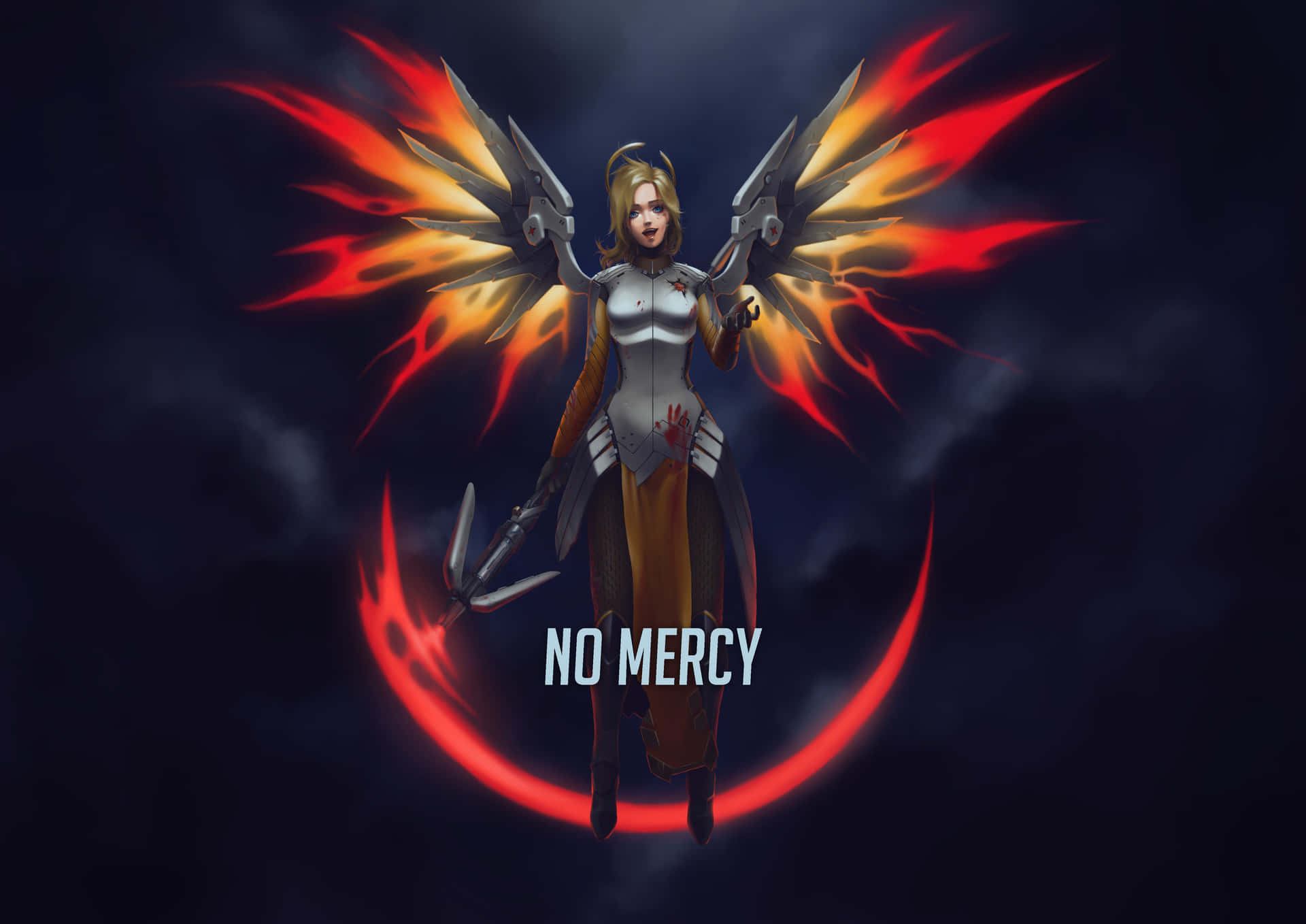 Overwatch Mercy 桌布 壁紙 — 一位兇猛的女戰士，擁有火焰翅膀和發光的紅色新月，在黑暗的暴風雨天空中盤旋。