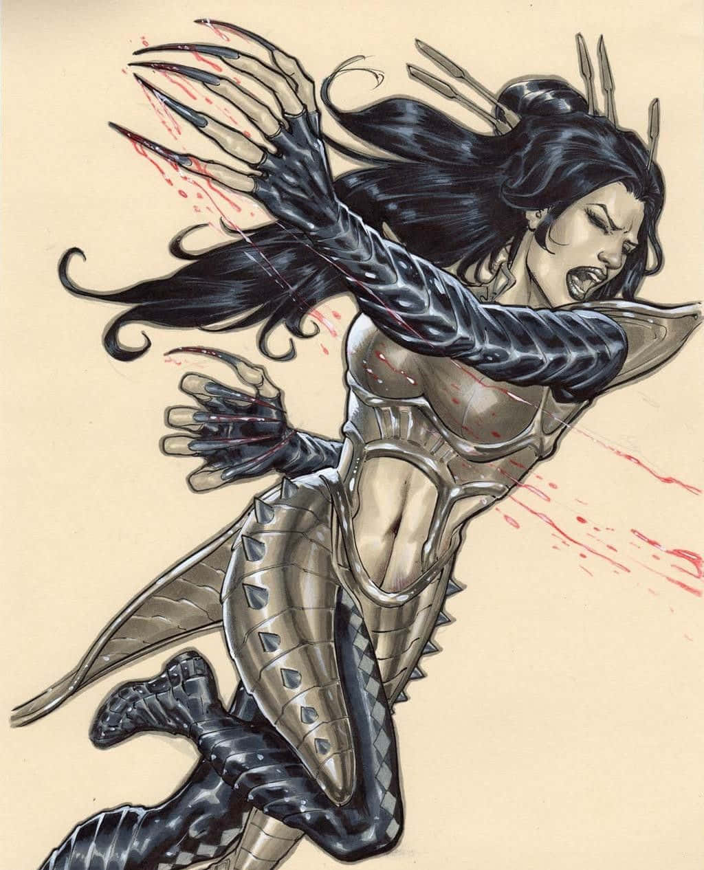 Lady Deathstrike 桌布 壁紙 — 一位兇猛的女戰士，擁有黑色利爪和飄逸的頭髮，身穿金屬盔甲向前猛撲，鮮血在空中飛濺。